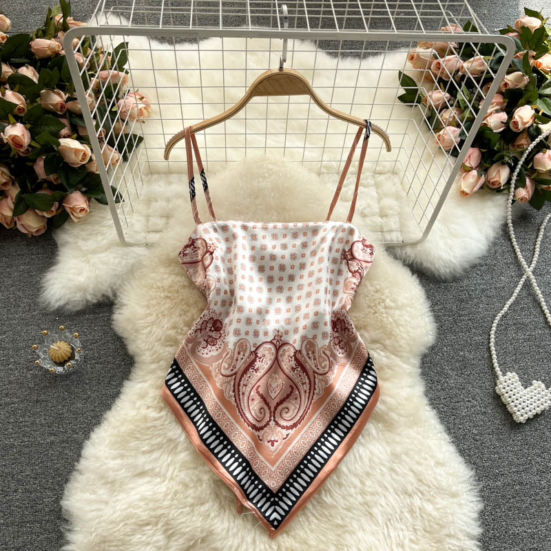 European and American ins tops women's design sense niche printing belly pocket heart machine backless knotted slim versatile sling vest