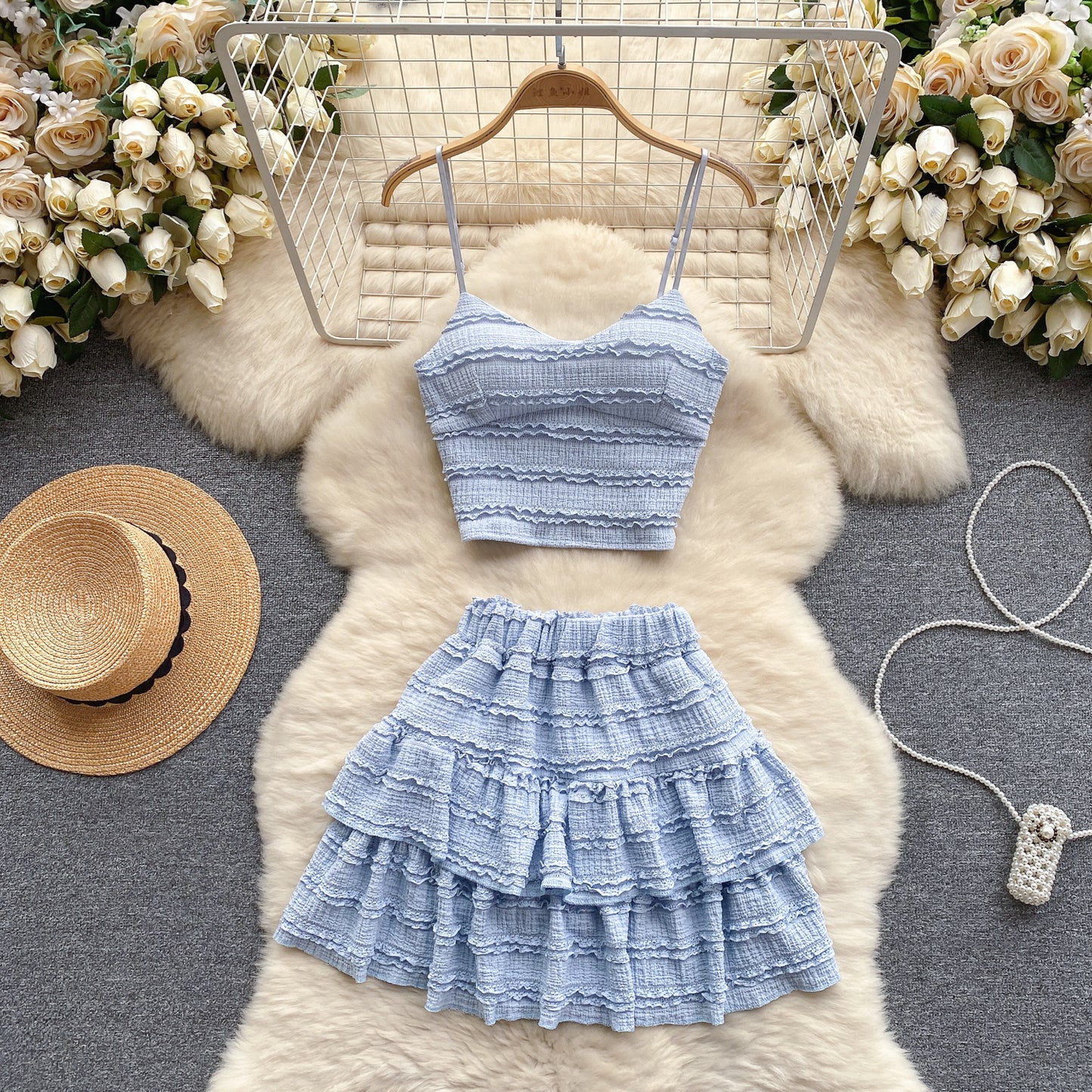 Korean Wear Sweet Lace Suspender Vest Sexy Short Lotus Leaf Bust Skirt Age Reduction Vacation Two-piece Set