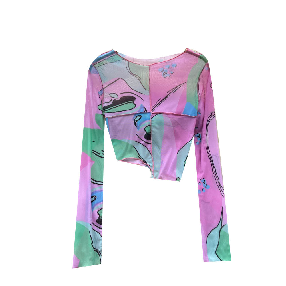 Spring and summer irregular mesh stitching color printed T-shirt women's careful machine foreign style retro chic long-sleeved top