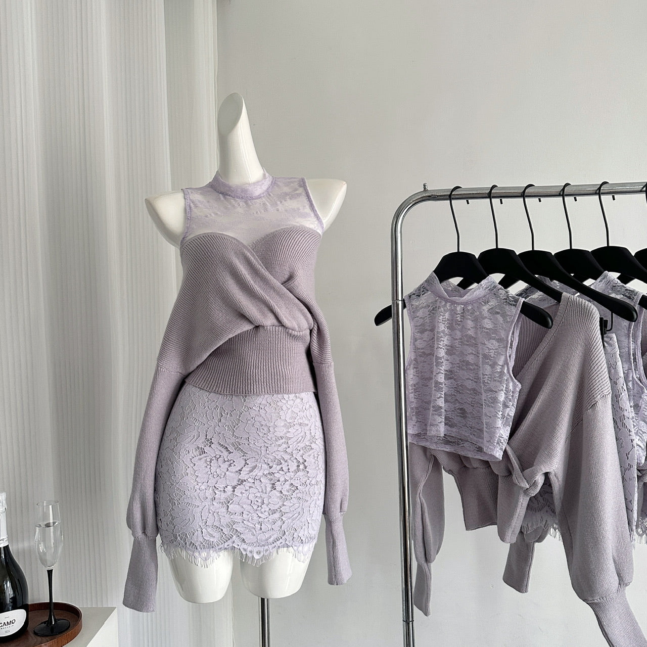 Miyu homemade off-shoulder knitted top women's 2025 spring and autumn new two-piece real lace skirt knitted sweater set