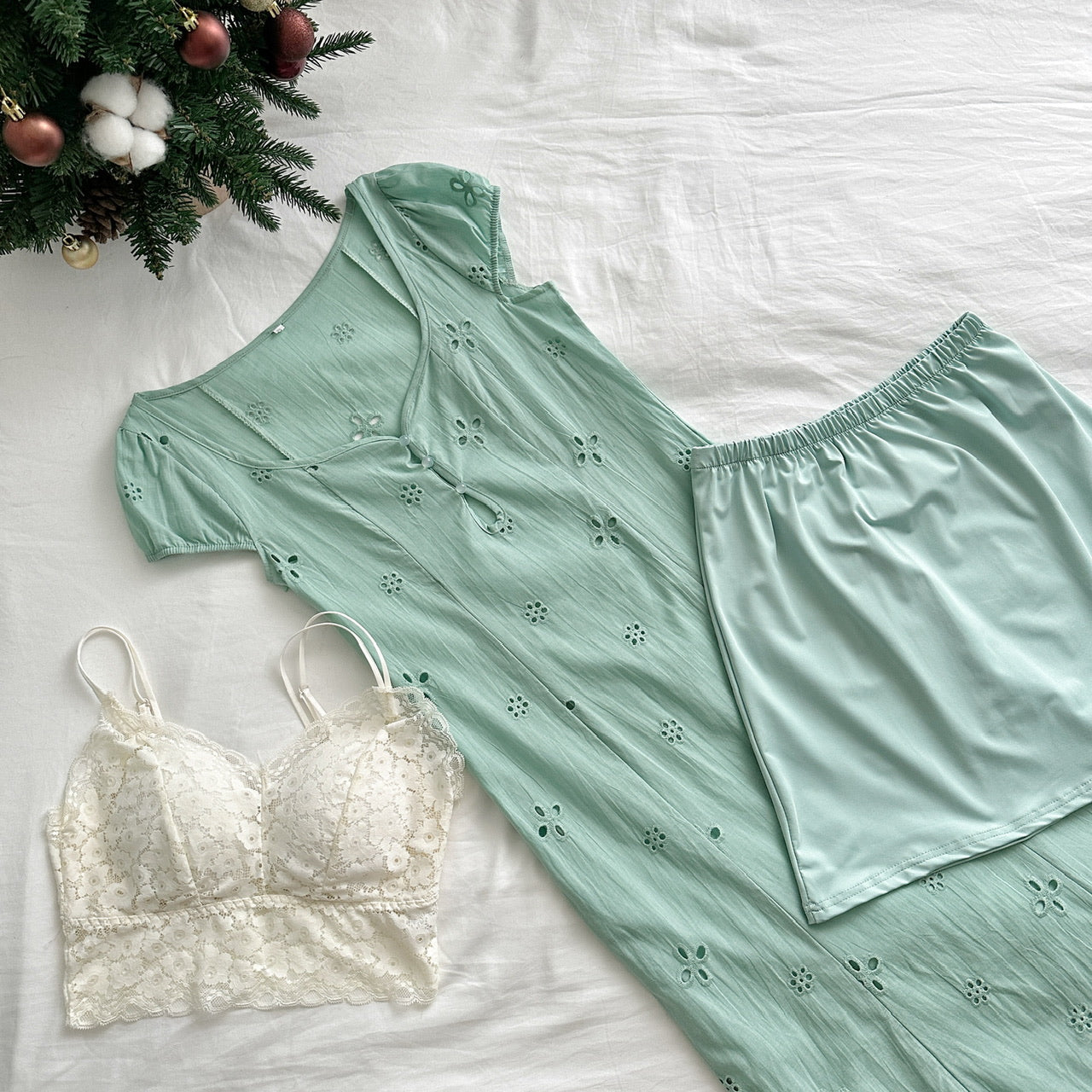 Miyu Homemade 2025 Light Su Mint Coffee Break French Bubble Sleeve Hollow First Love Fishtail Dress