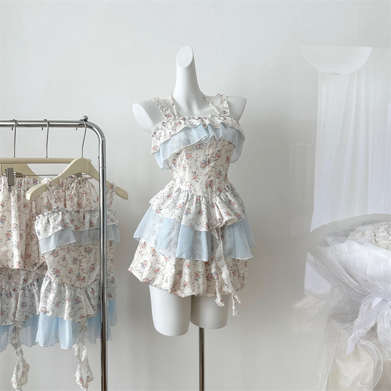 Miyou homemade 2025 summer new design temperament rock sugar garden, floral dress + floral pumpkin pants