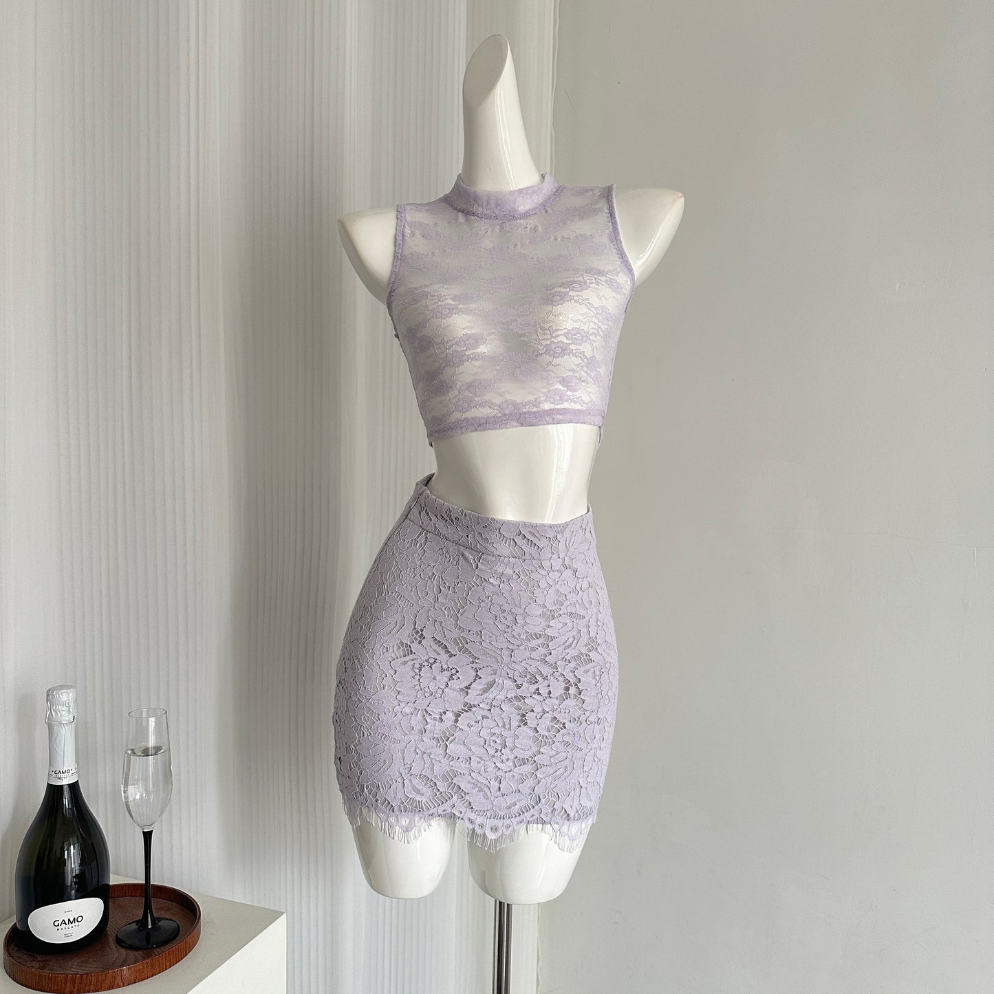 Miyu homemade off-shoulder knitted top women's 2025 spring and autumn new two-piece real lace skirt knitted sweater set