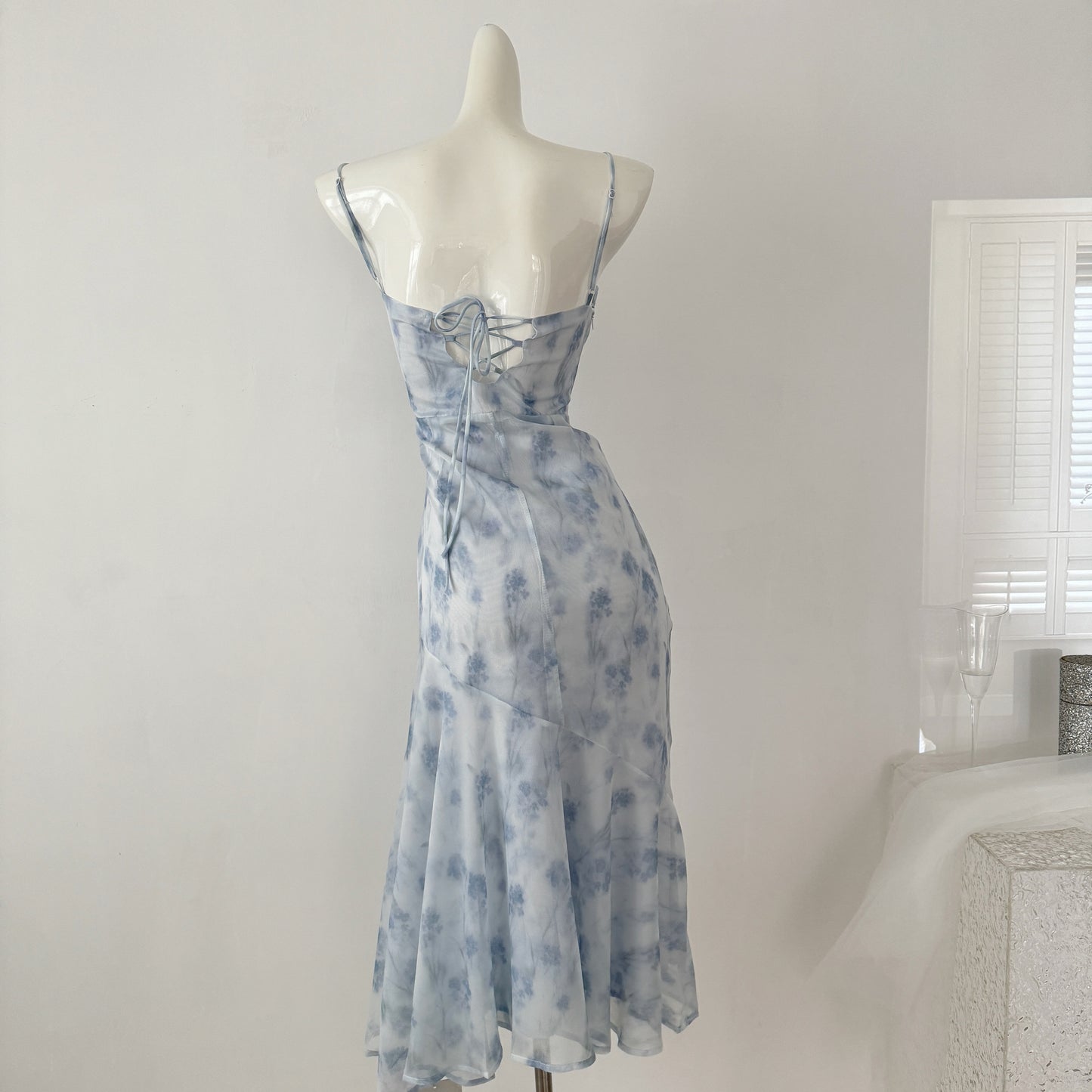 Miyu Homemade Blue Midsummer Night Romantic Swinging Collar Backless Design Muse Dress Long Short Chiffon Dress Women