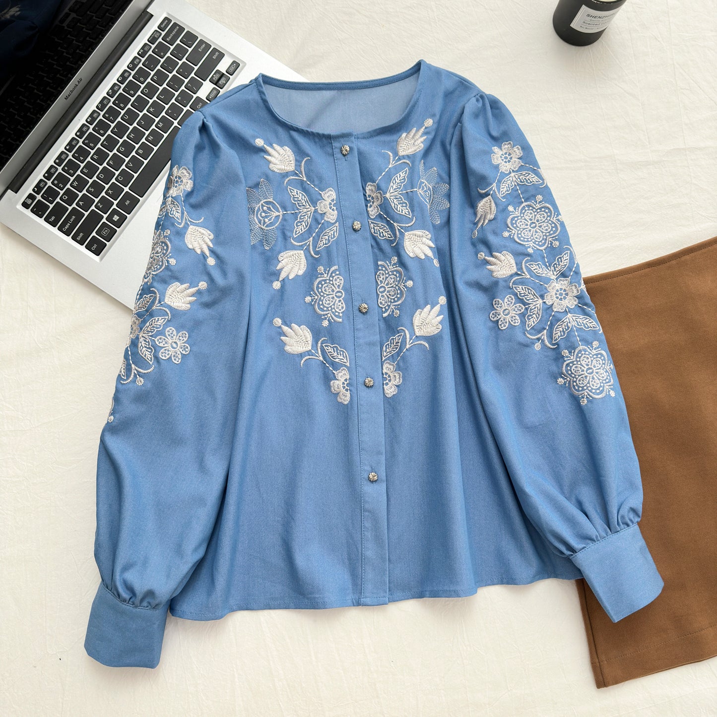 Nanfa Fu, Early Autumn Series Clear Sky Blue Embroidered Long Sleeve Top Coffee Skirt Women