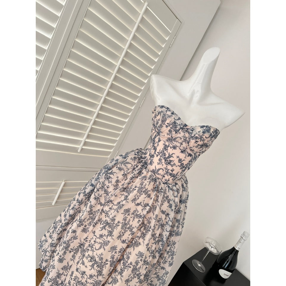 Miyu, tube top waist fishbone skirt, blue and white porcelain, cold imperial sister style, French small fragrant style, pure desire floral dress