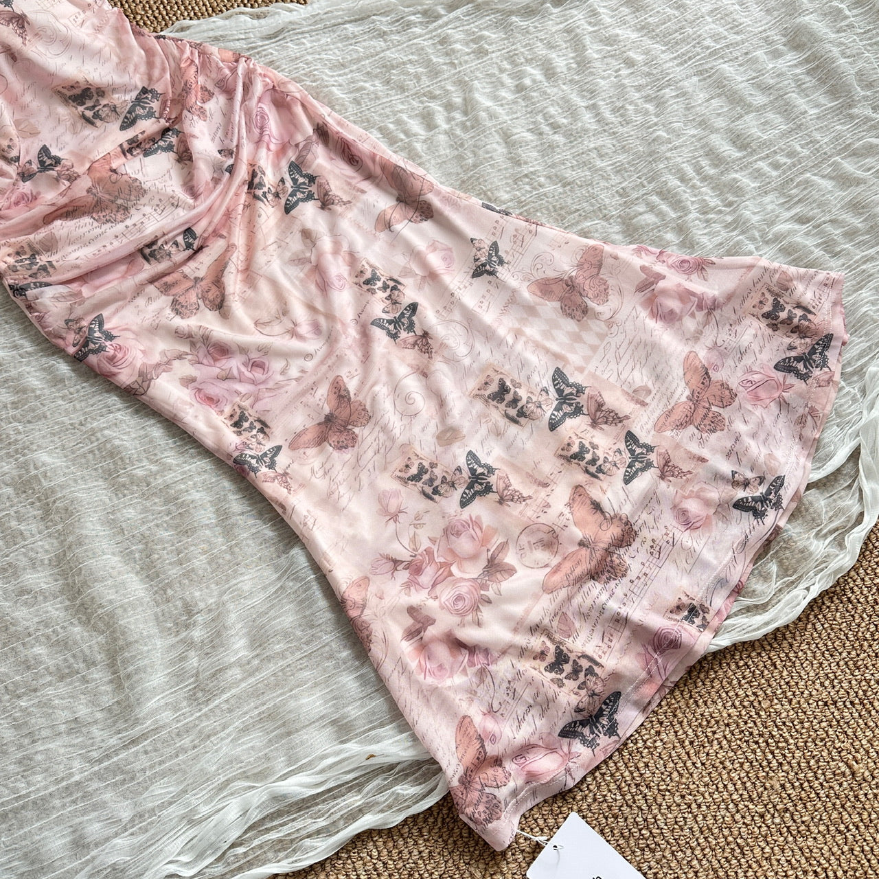 Miyu Homemade Sunset Butterfly Mesh Dress Printed Swinging Neck Suspender Top Women's Short Medium and Long Skirt
