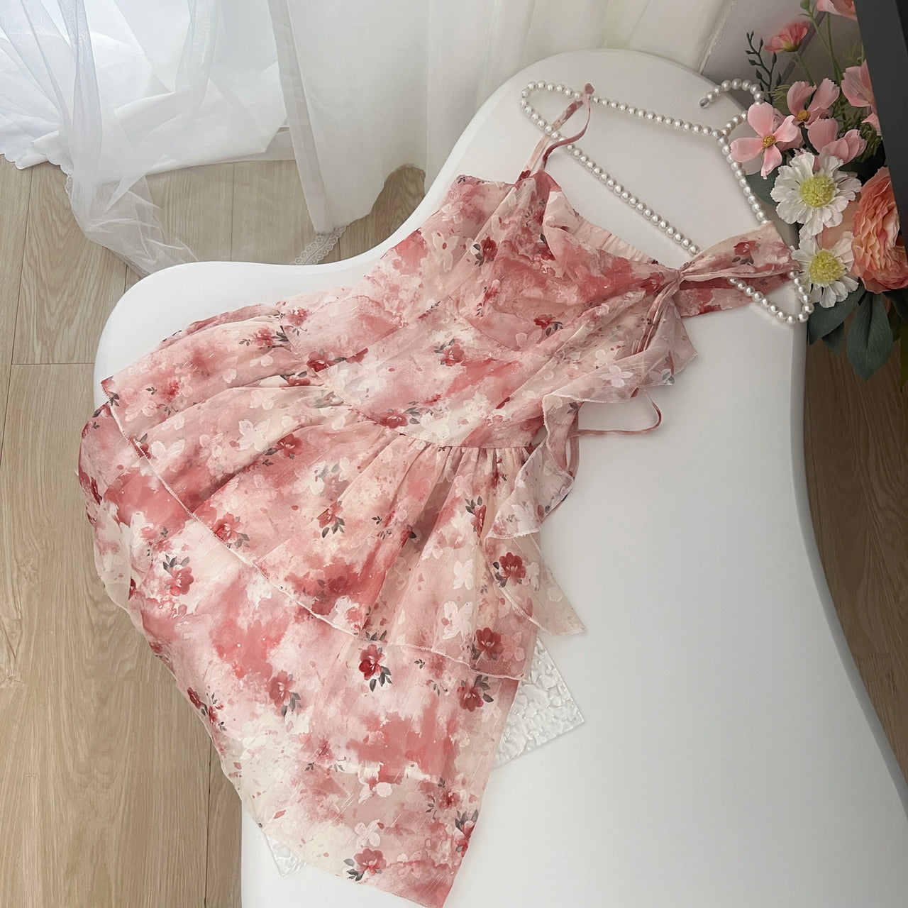 Miyu Homemade, New 95% Off Flower Chino Rose/Holiday Fairy Irregular Red Floral Dress