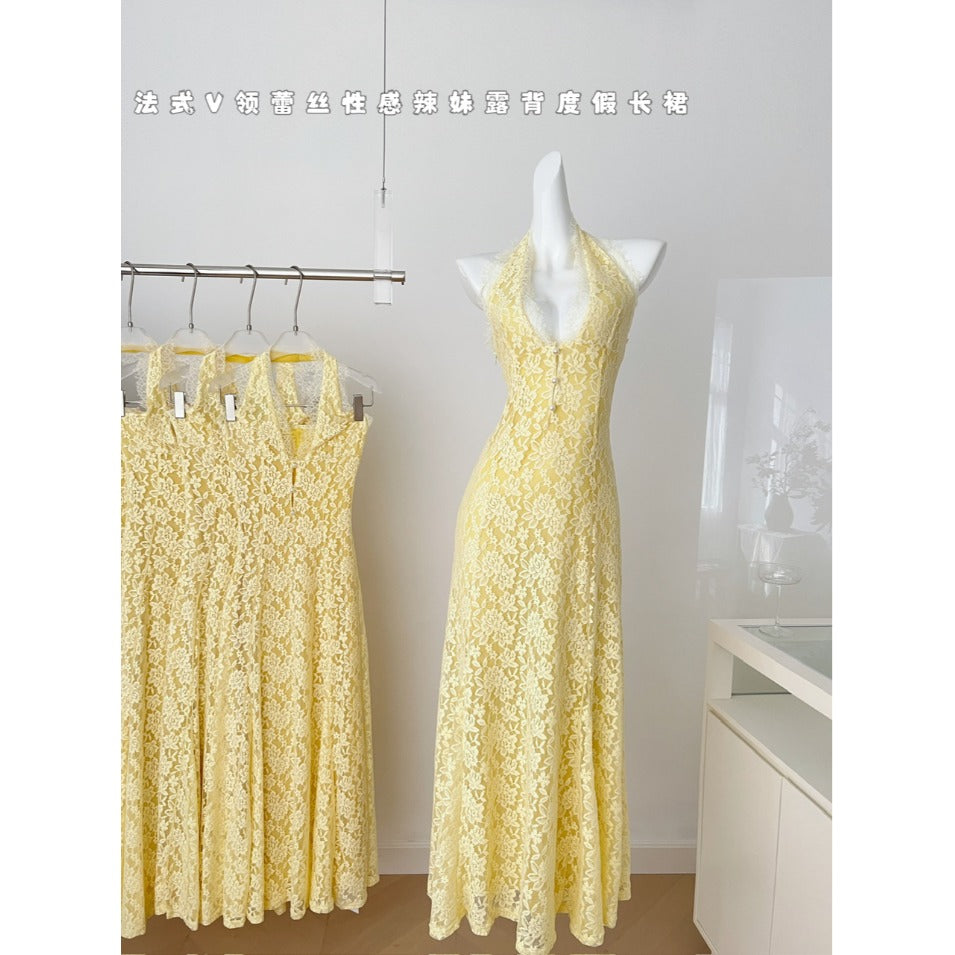 Miyu homemade lace dress women's 2025 spring new French V-neck vacation dress backless hip skirt