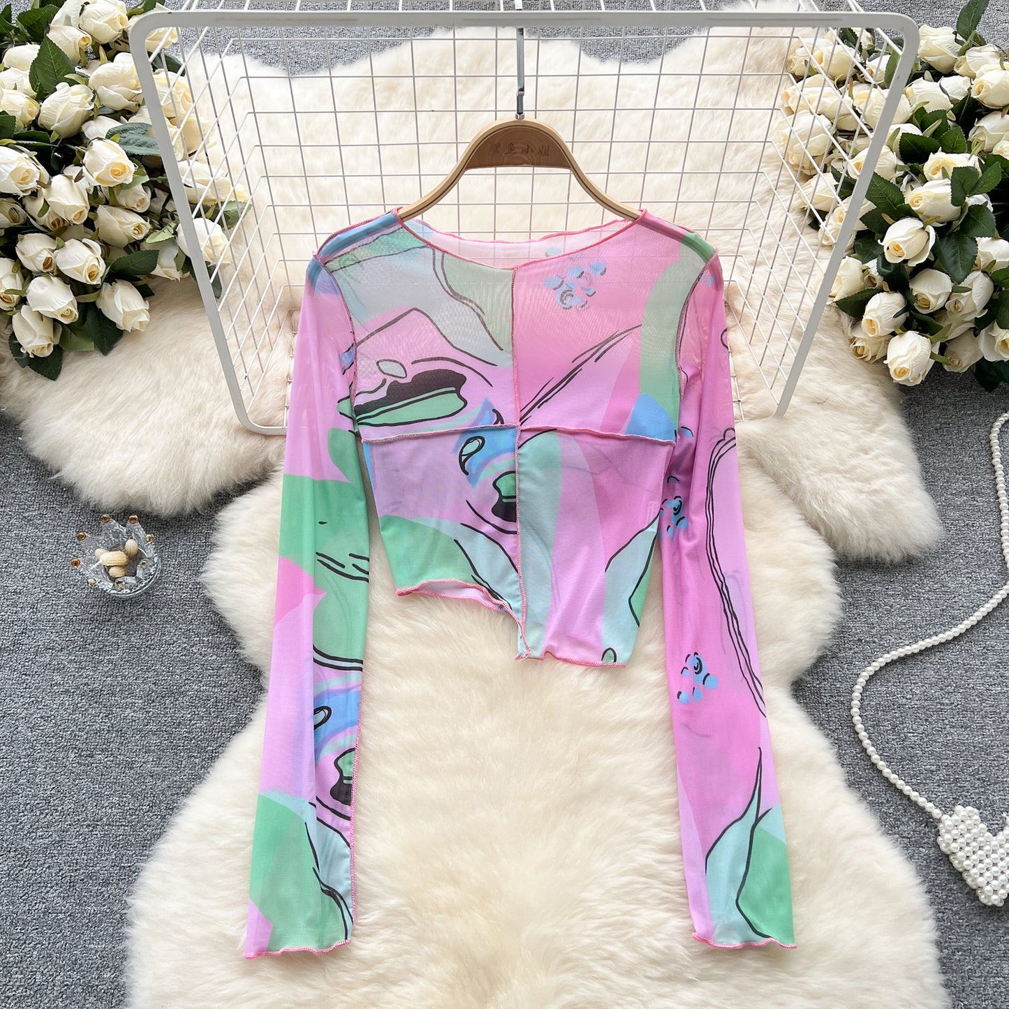 Spring and summer irregular mesh stitching color printed T-shirt women's careful machine foreign style retro chic long-sleeved top