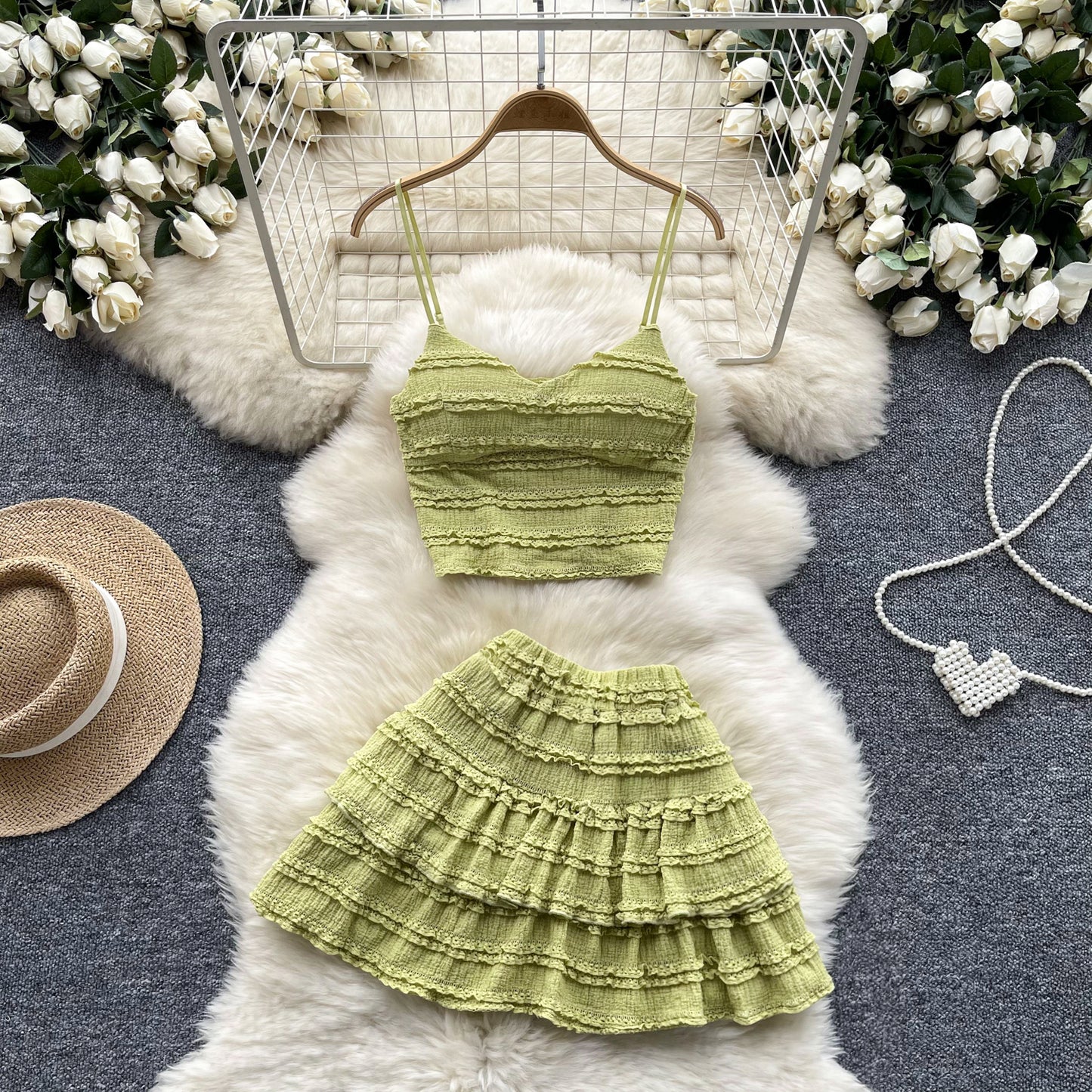 Korean Wear Sweet Lace Suspender Vest Sexy Short Lotus Leaf Bust Skirt Age Reduction Vacation Two-piece Set