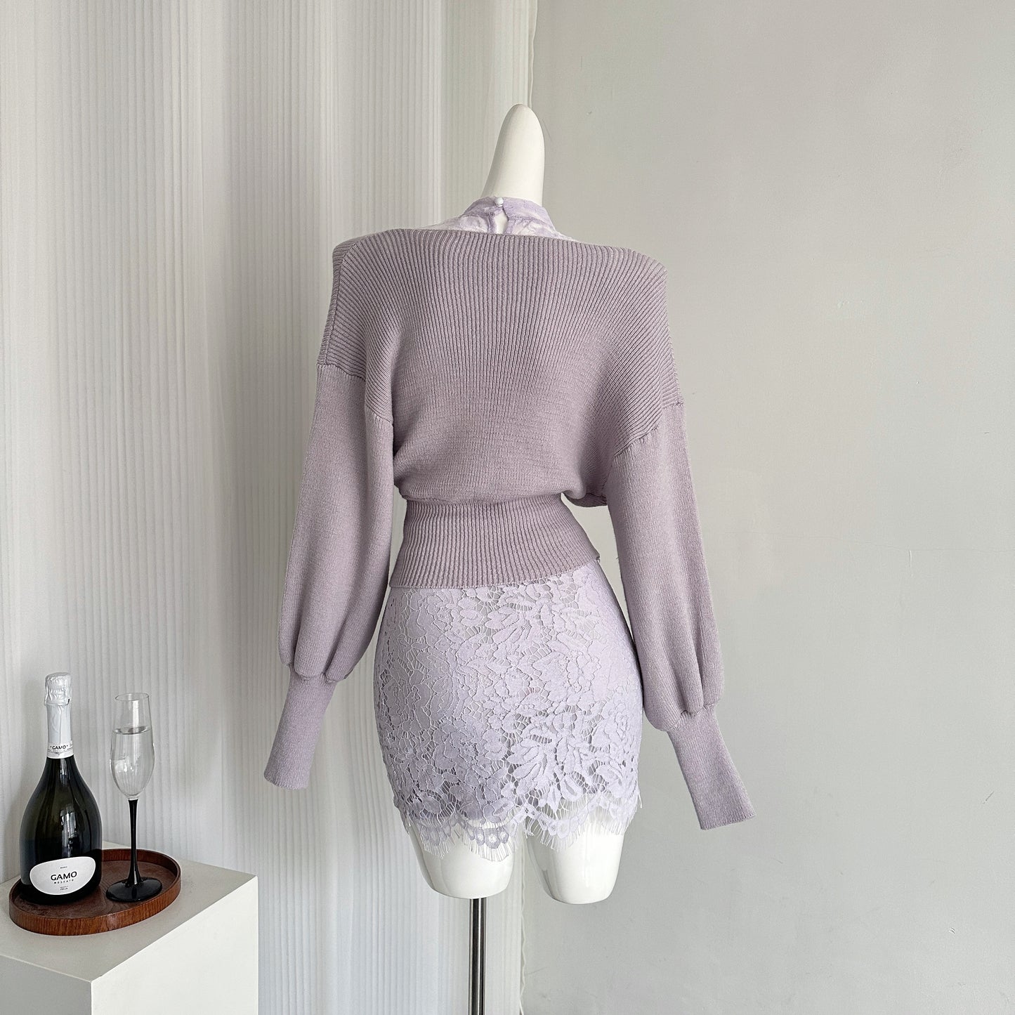 Miyu homemade off-shoulder knitted top women's 2025 spring and autumn new two-piece real lace skirt knitted sweater set