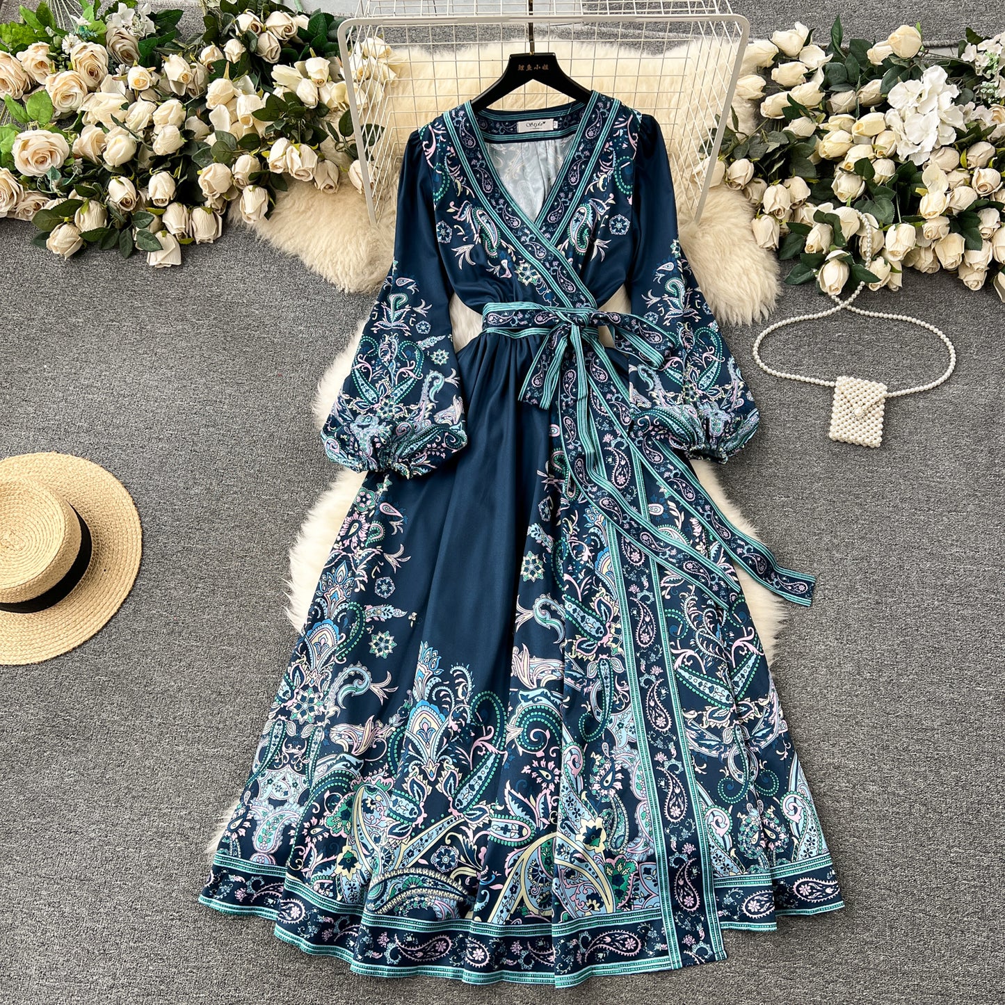 2024 early spring new French high-end one-piece lace-up waist printed dress women's light luxury elegant long dress