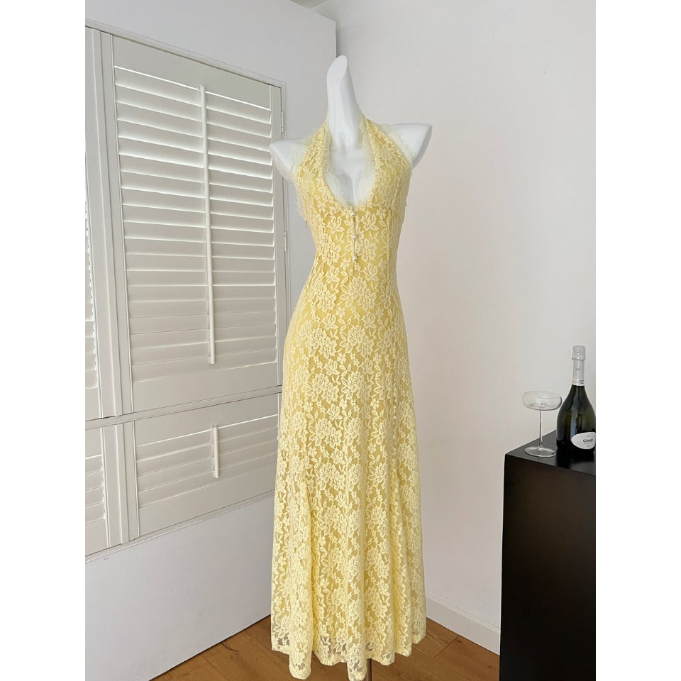 Miyu homemade lace dress women's 2025 spring new French V-neck vacation dress backless hip skirt