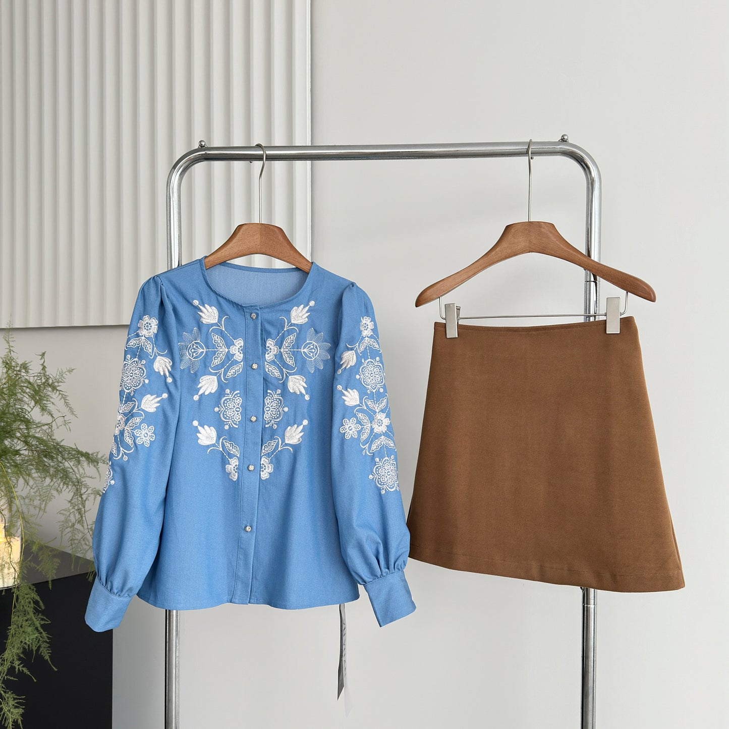 Nanfa Fu, Early Autumn Series Clear Sky Blue Embroidered Long Sleeve Top Coffee Skirt Women