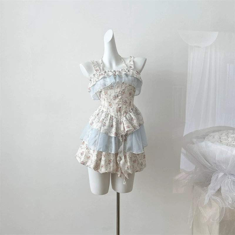 Miyou homemade 2025 summer new design temperament rock sugar garden, floral dress + floral pumpkin pants