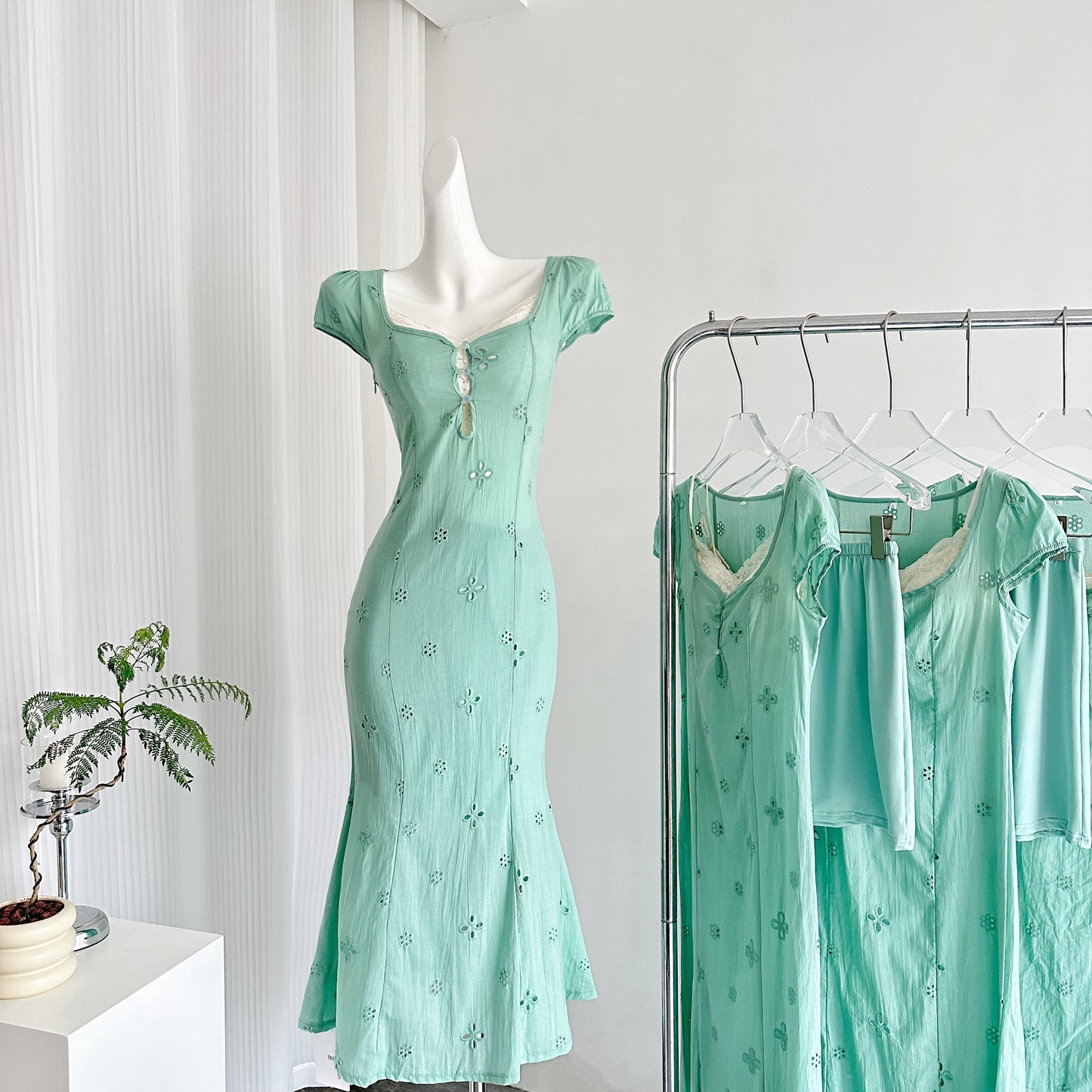 Miyu Homemade 2025 Light Su Mint Coffee Break French Bubble Sleeve Hollow First Love Fishtail Dress