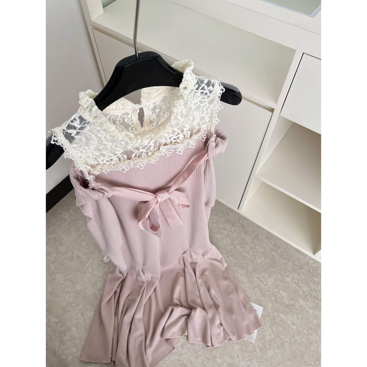 Miyu Homemade, Letter from Chunying~ Off-the-shoulder knitted bottoming dress, lace splicing hip-wrapped fishtail dress