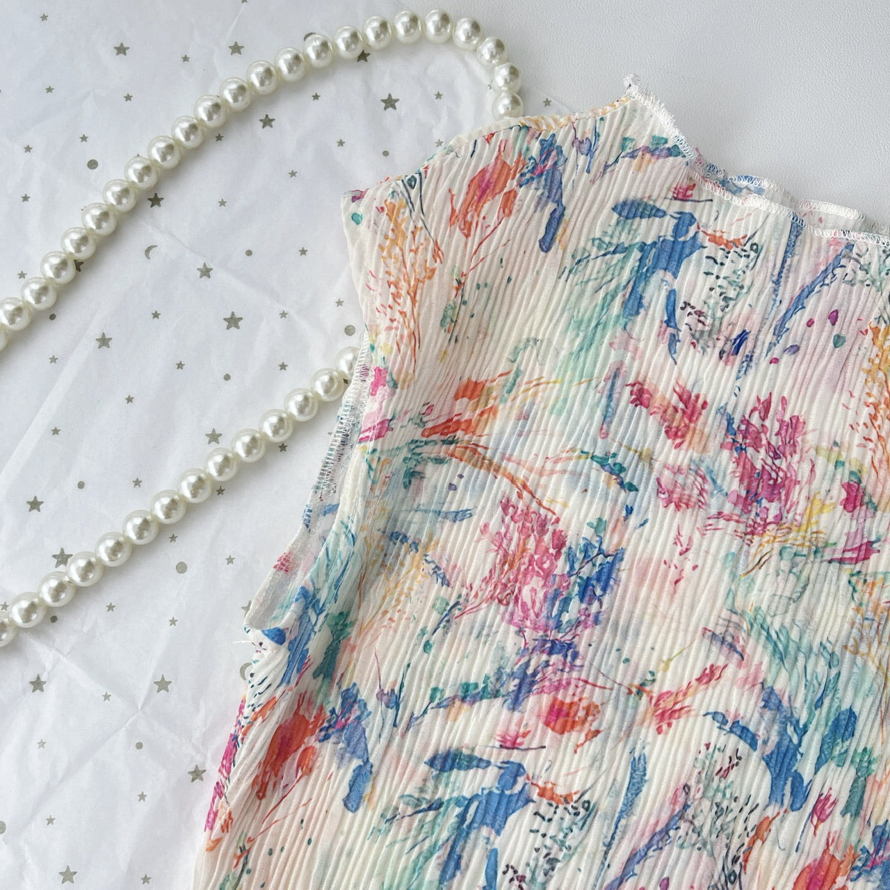 Miyou's homemade fireworks crumpled elastic texture printed oil painting dress with suspender skirt two-piece set