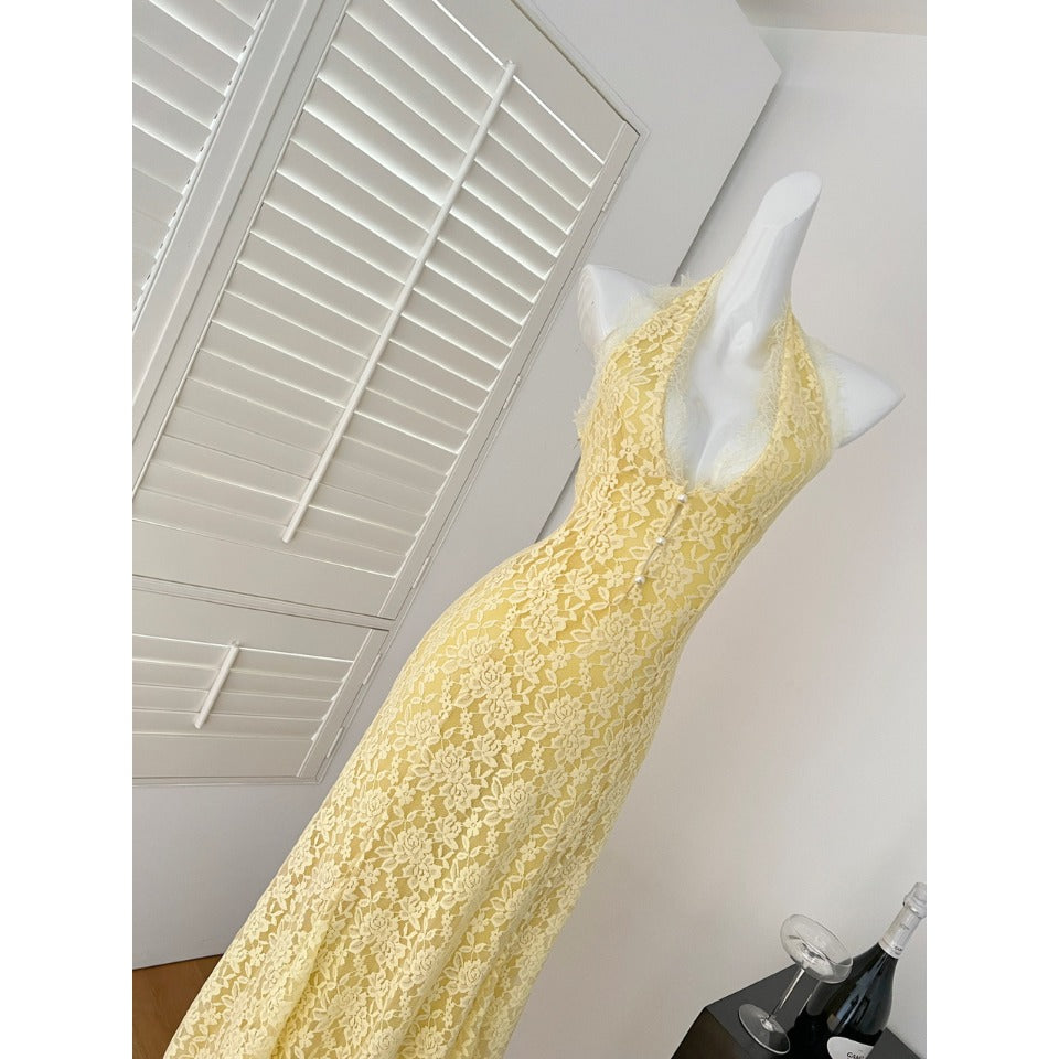 Miyu homemade lace dress women's 2025 spring new French V-neck vacation dress backless hip skirt