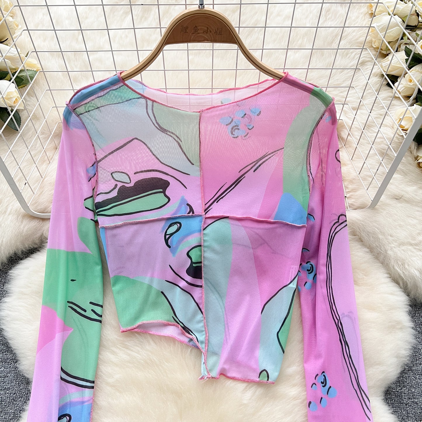 Spring and summer irregular mesh stitching color printed T-shirt women's careful machine foreign style retro chic long-sleeved top