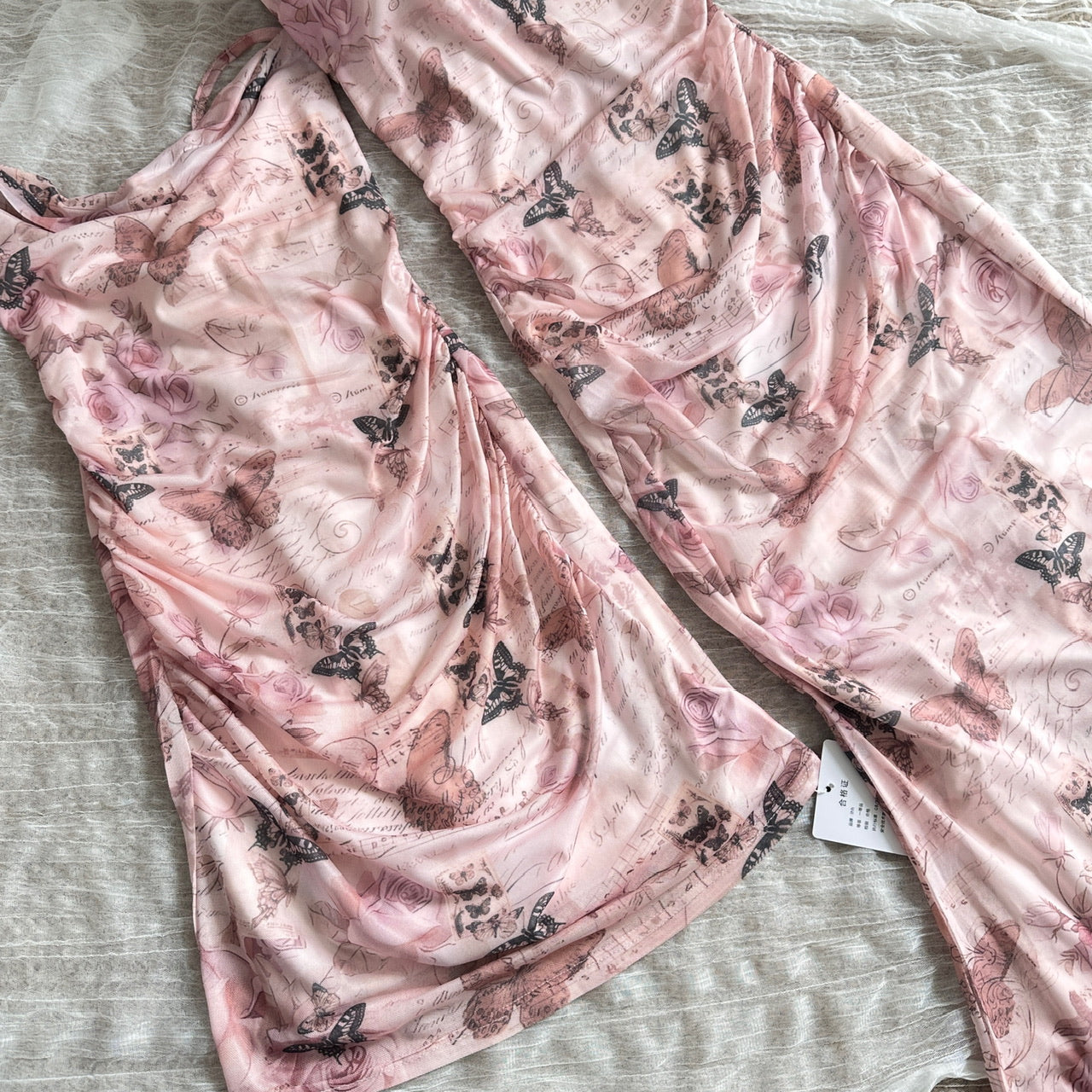 Miyu Homemade Sunset Butterfly Mesh Dress Printed Swinging Neck Suspender Top Women's Short Medium and Long Skirt