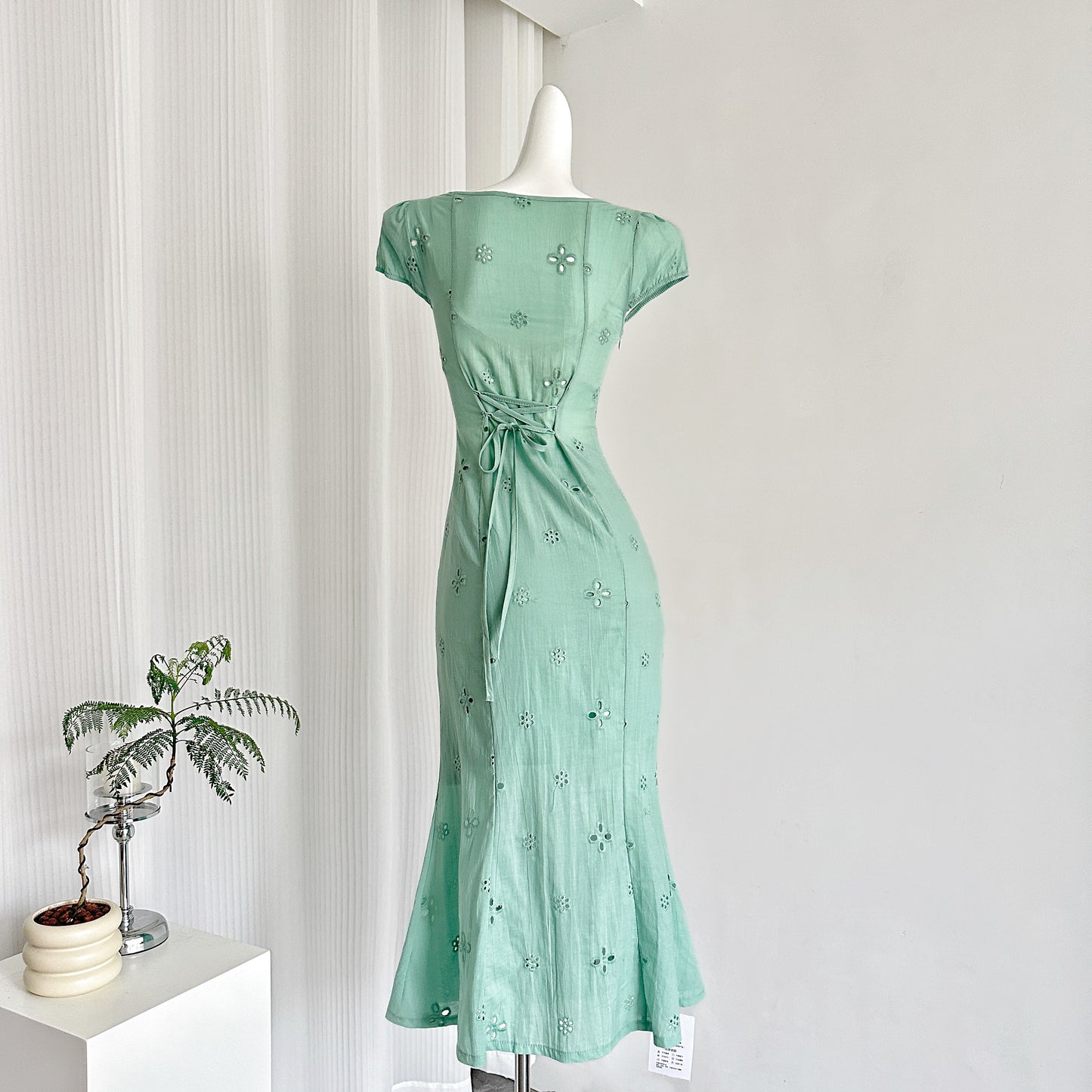 Miyu Homemade 2025 Light Su Mint Coffee Break French Bubble Sleeve Hollow First Love Fishtail Dress