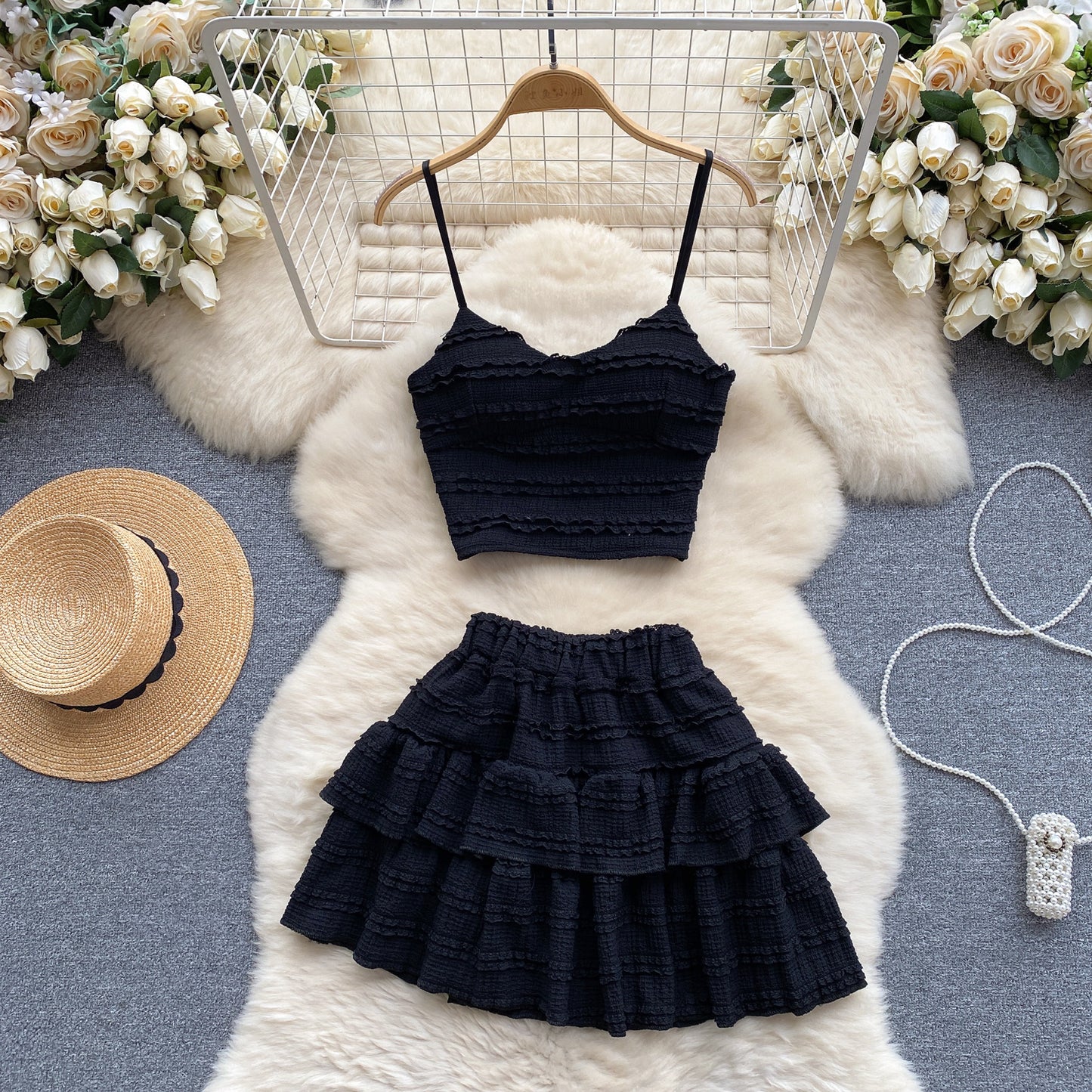 Korean Wear Sweet Lace Suspender Vest Sexy Short Lotus Leaf Bust Skirt Age Reduction Vacation Two-piece Set
