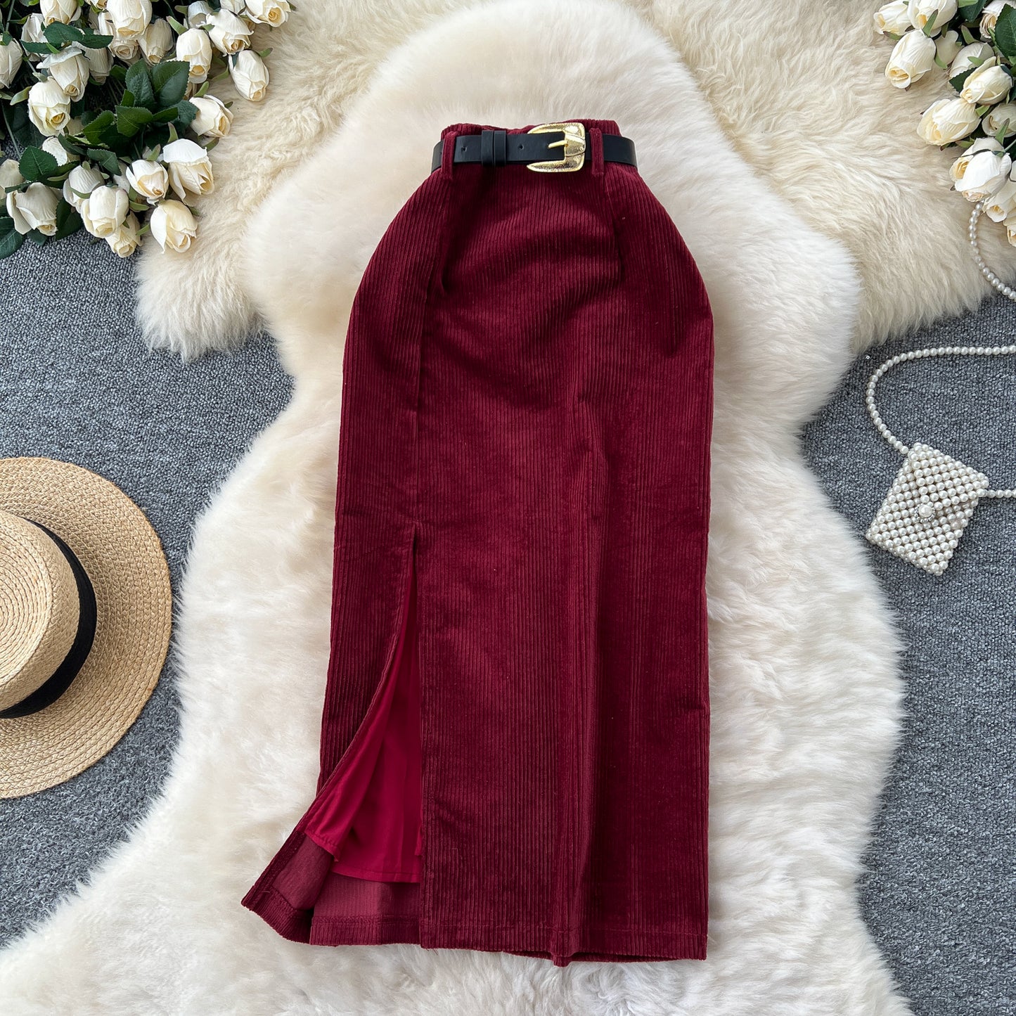 Hong Kong style retro split skirt winter with sweater medium and long Korean version temperament high waist and thin hip wrap a-word skirt