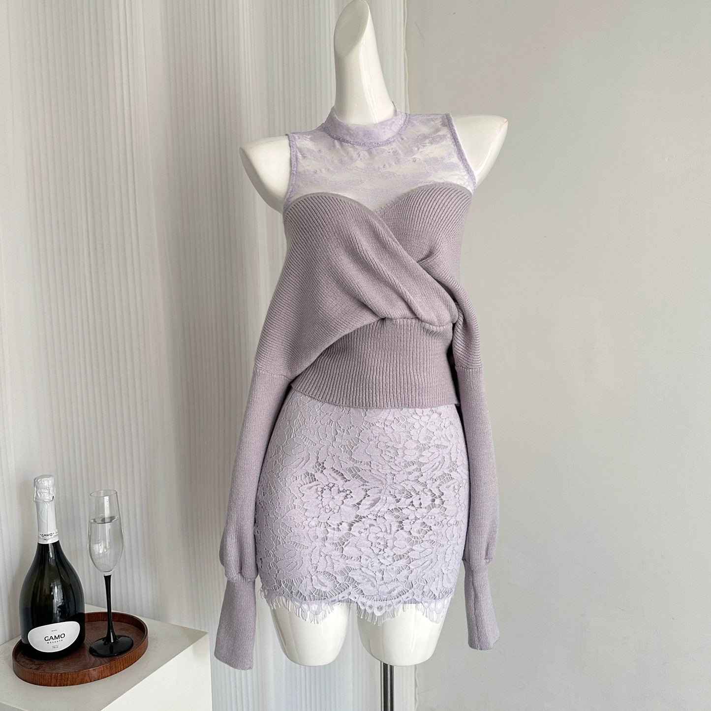 Miyu homemade off-shoulder knitted top women's 2025 spring and autumn new two-piece real lace skirt knitted sweater set