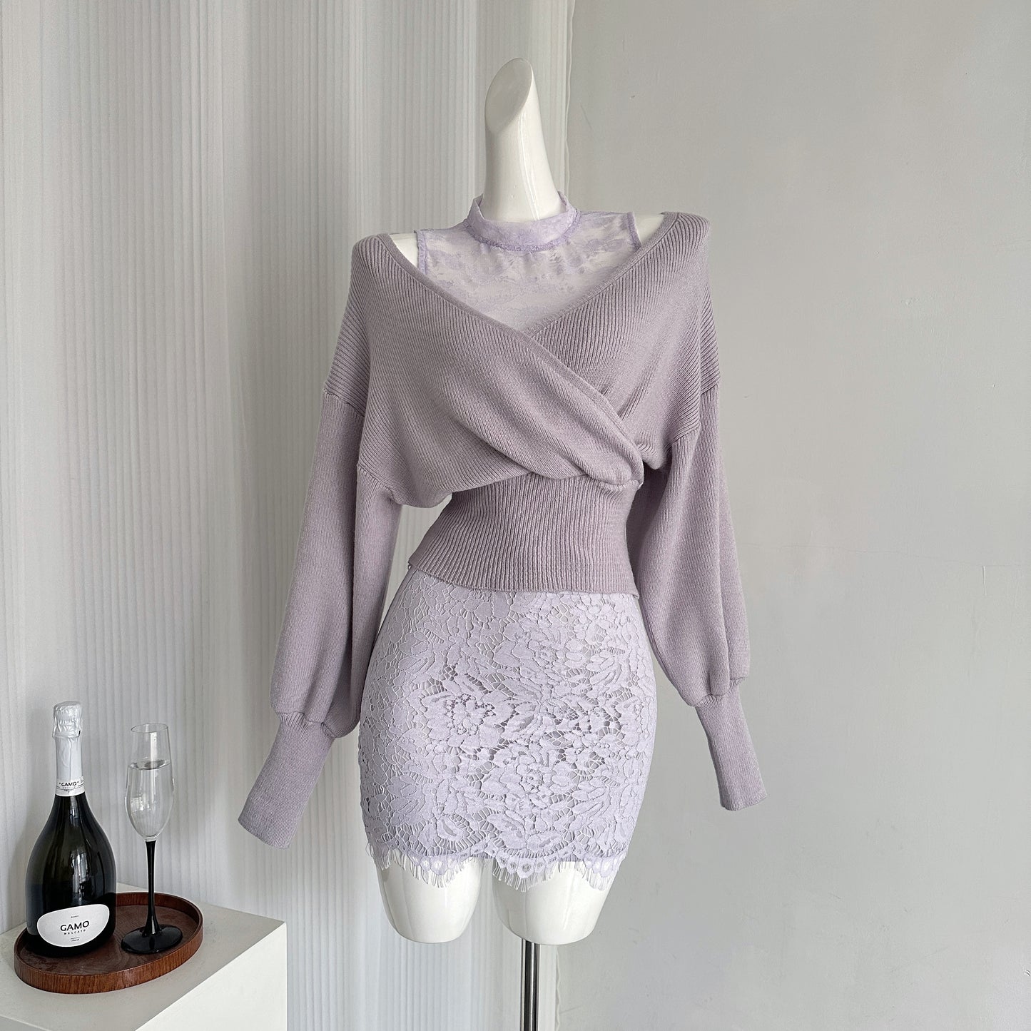 Miyu homemade off-shoulder knitted top women's 2025 spring and autumn new two-piece real lace skirt knitted sweater set