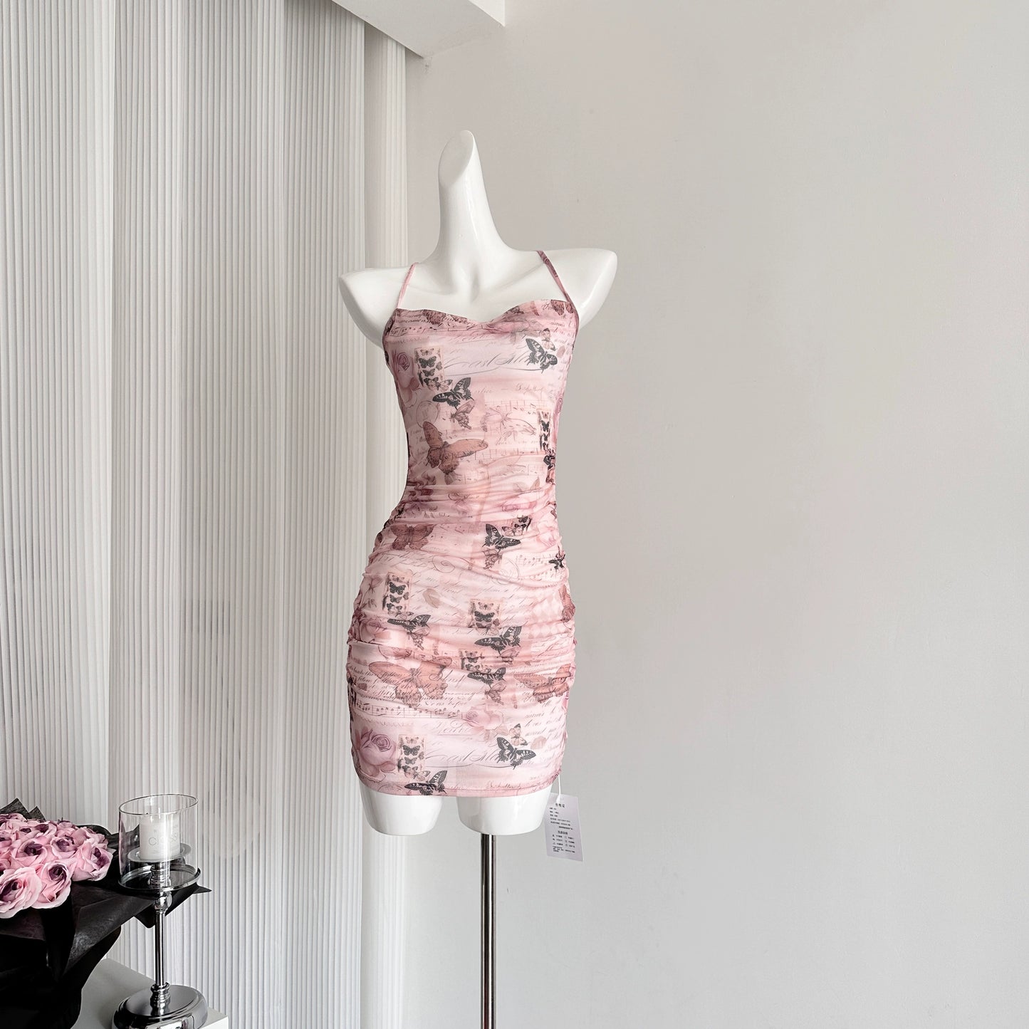 Miyu Homemade Sunset Butterfly Mesh Dress Printed Swinging Neck Suspender Top Women's Short Medium and Long Skirt