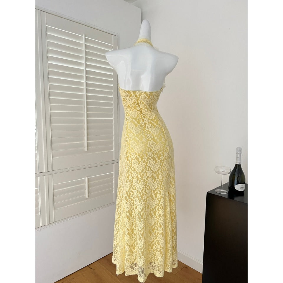 Miyu homemade lace dress women's 2025 spring new French V-neck vacation dress backless hip skirt