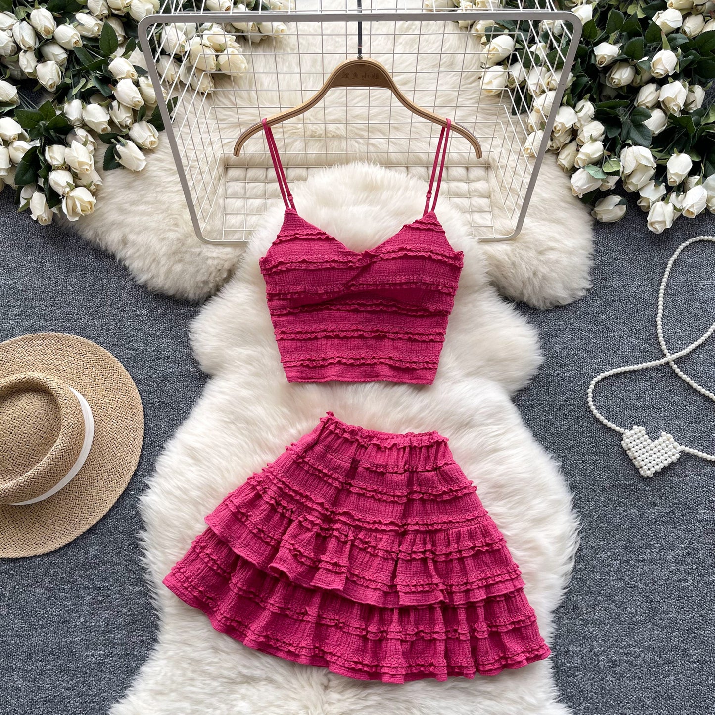 Korean Wear Sweet Lace Suspender Vest Sexy Short Lotus Leaf Bust Skirt Age Reduction Vacation Two-piece Set