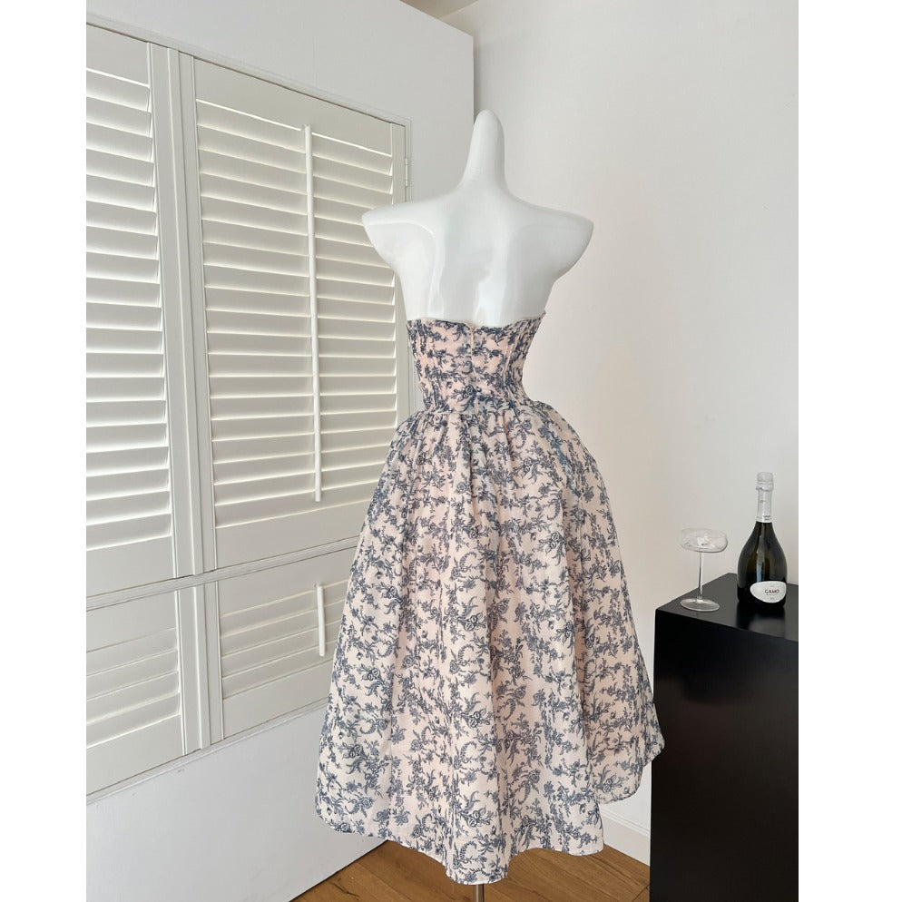 Miyu, tube top waist fishbone skirt, blue and white porcelain, cold imperial sister style, French small fragrant style, pure desire floral dress