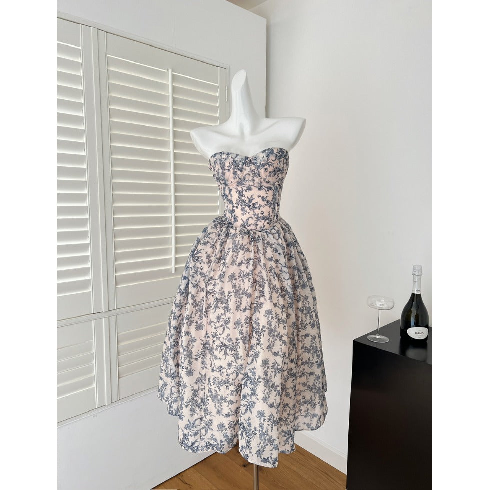 Miyu, tube top waist fishbone skirt, blue and white porcelain, cold imperial sister style, French small fragrant style, pure desire floral dress