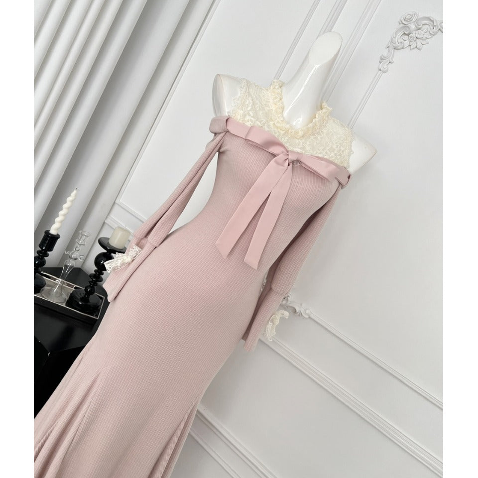 Miyu Homemade, Letter from Chunying~ Off-the-shoulder knitted bottoming dress, lace splicing hip-wrapped fishtail dress