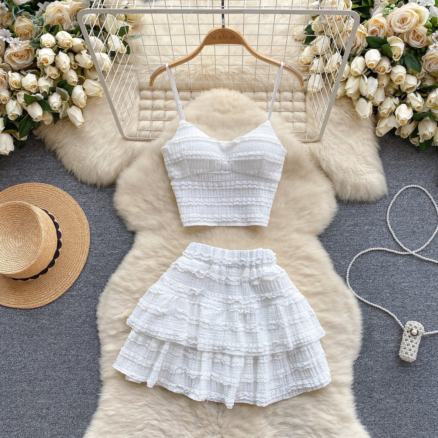 Korean Wear Sweet Lace Suspender Vest Sexy Short Lotus Leaf Bust Skirt Age Reduction Vacation Two-piece Set