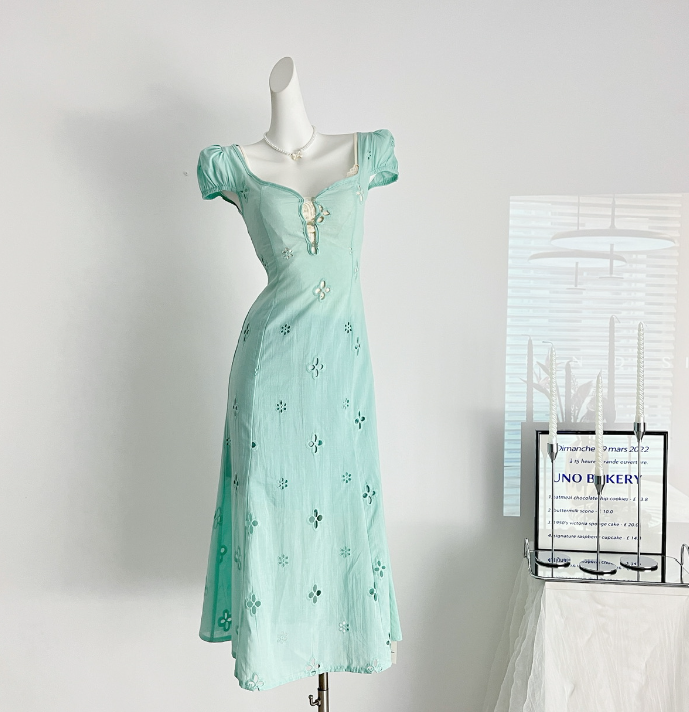 Miyu Homemade 2025 Light Su Mint Coffee Break French Bubble Sleeve Hollow First Love Fishtail Dress