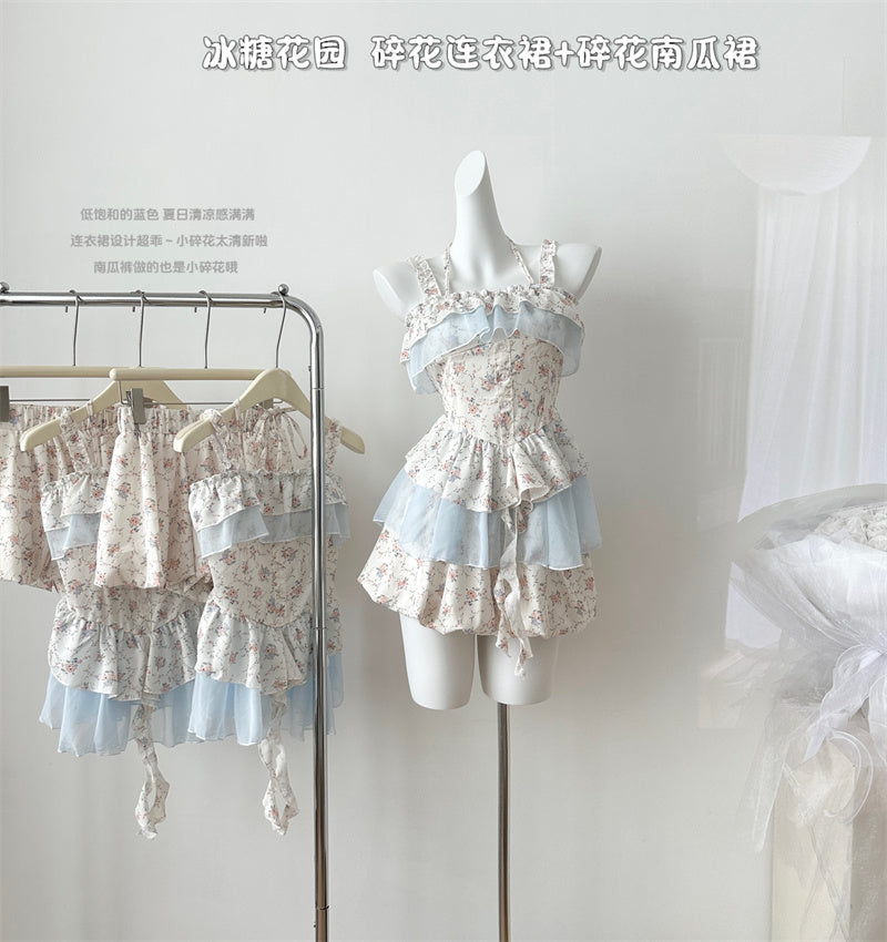 Miyou homemade 2025 summer new design temperament rock sugar garden, floral dress + floral pumpkin pants
