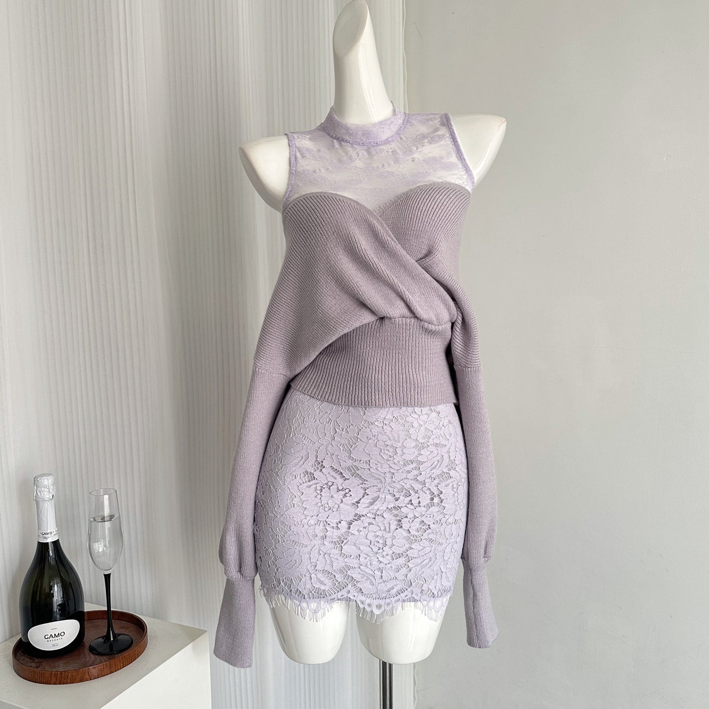 Miyu homemade off-shoulder knitted top women's 2025 spring and autumn new two-piece real lace skirt knitted sweater set