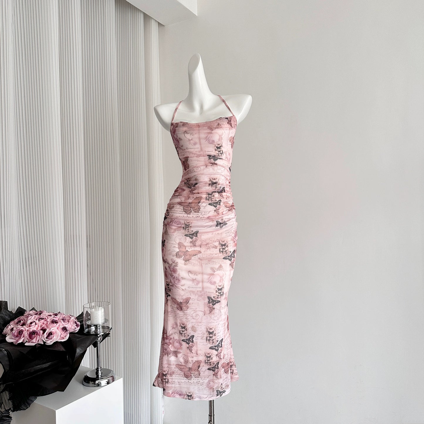 Miyu Homemade Sunset Butterfly Mesh Dress Printed Swinging Neck Suspender Top Women's Short Medium and Long Skirt