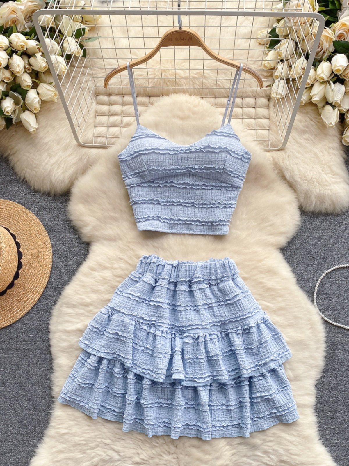 Korean Wear Sweet Lace Suspender Vest Sexy Short Lotus Leaf Bust Skirt Age Reduction Vacation Two-piece Set