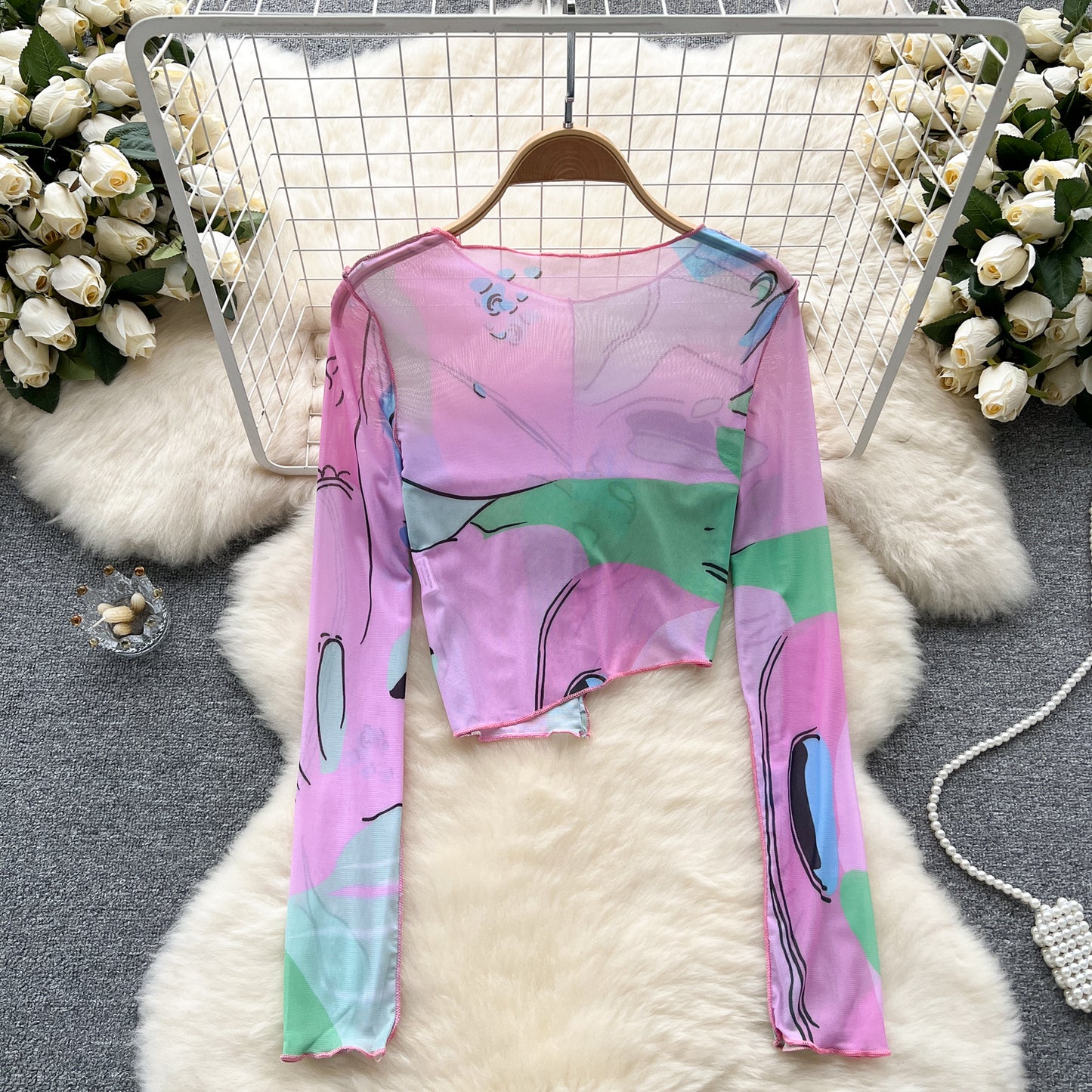 Spring and summer irregular mesh stitching color printed T-shirt women's careful machine foreign style retro chic long-sleeved top