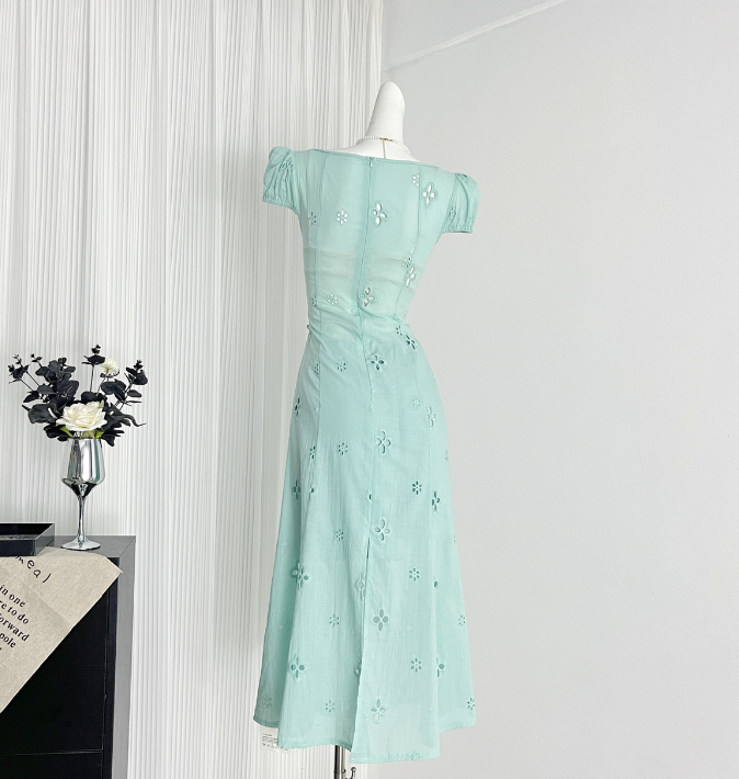 Miyu Homemade 2025 Light Su Mint Coffee Break French Bubble Sleeve Hollow First Love Fishtail Dress