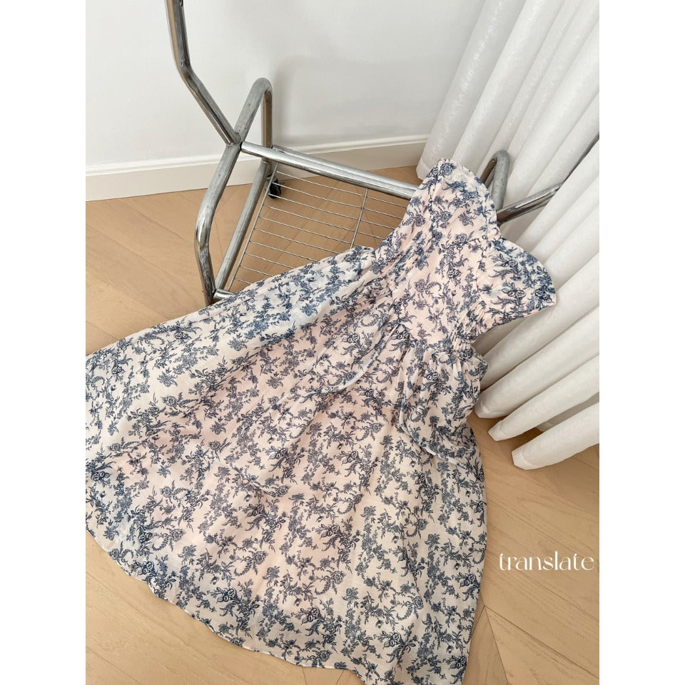 Miyu, tube top waist fishbone skirt, blue and white porcelain, cold imperial sister style, French small fragrant style, pure desire floral dress