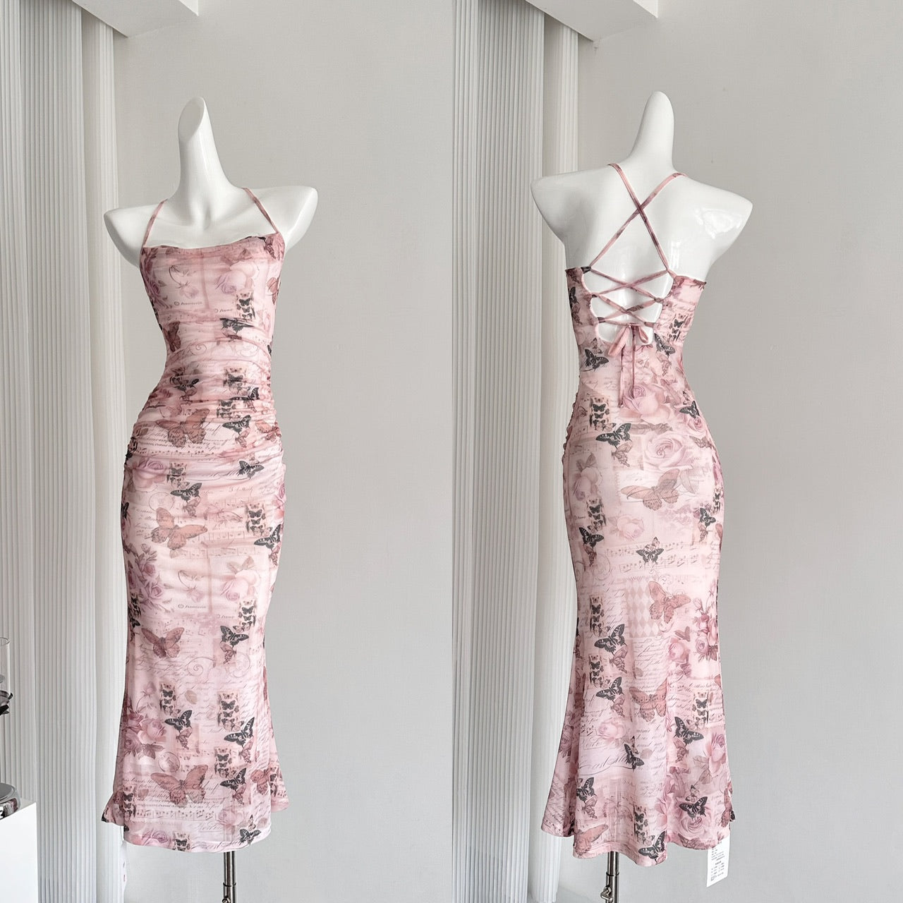 Miyu Homemade Sunset Butterfly Mesh Dress Printed Swinging Neck Suspender Top Women's Short Medium and Long Skirt