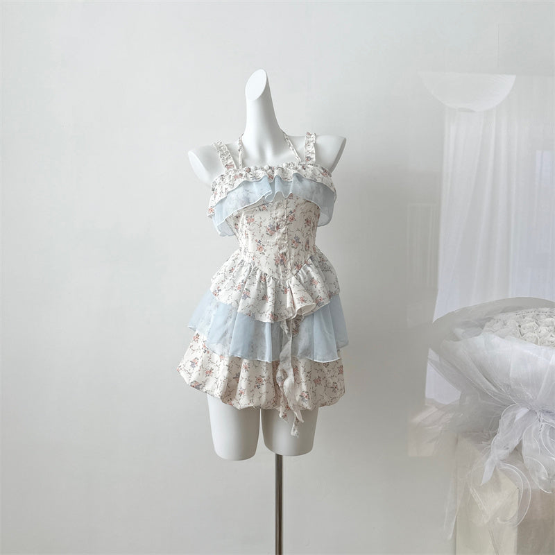 Miyou homemade 2025 summer new design temperament rock sugar garden, floral dress + floral pumpkin pants