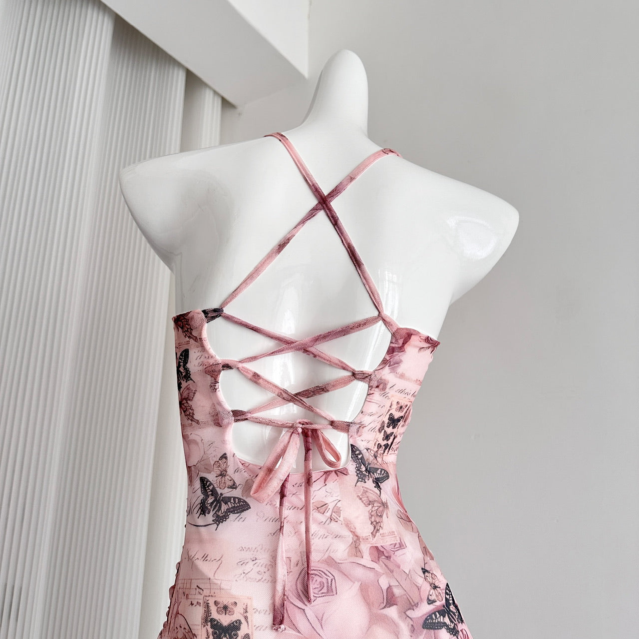 Miyu Homemade Sunset Butterfly Mesh Dress Printed Swinging Neck Suspender Top Women's Short Medium and Long Skirt