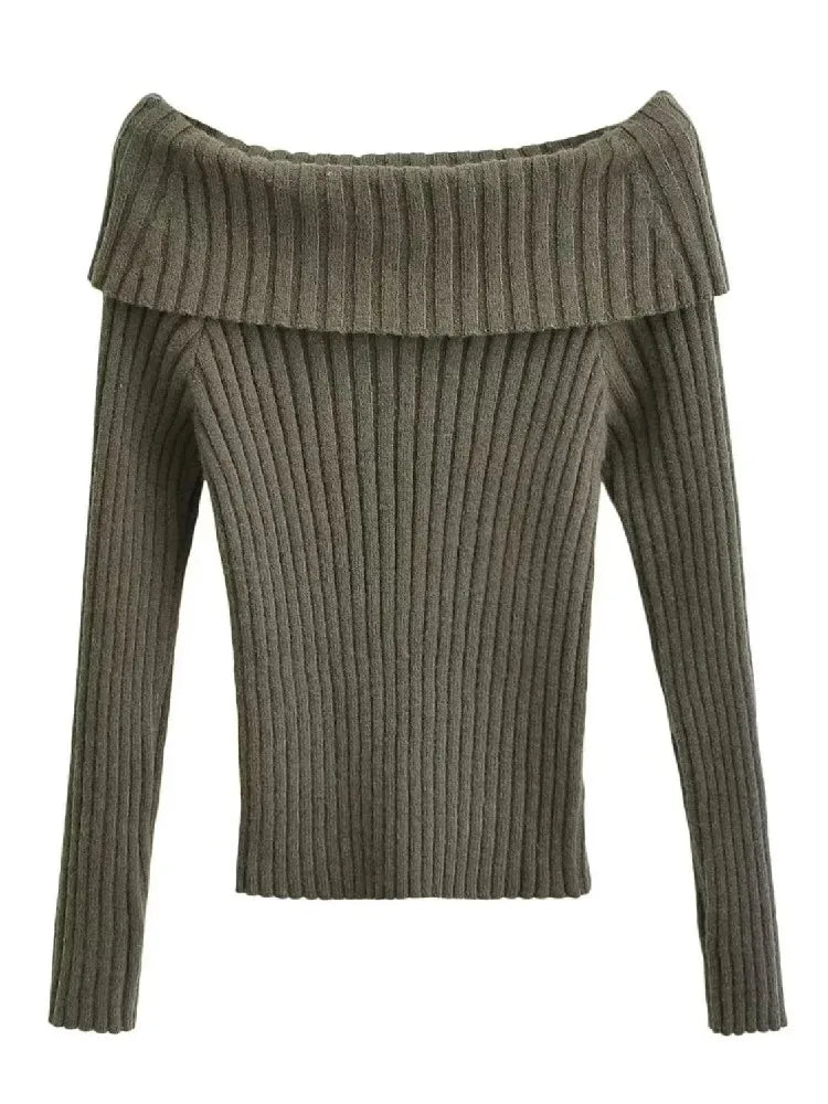 2022 Autumn Winter Solid Color Rib Knitted Off the Shoulder Pullover Sweater Sexy Women Full Sleeve Slim Stretch Knitwear Jumper